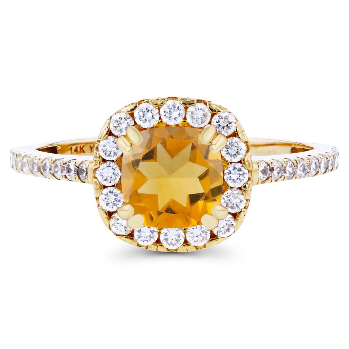 Sterling Silver Yellow 6mm Cushion Citrine & Created White Sapphire Halo Engagement Ring