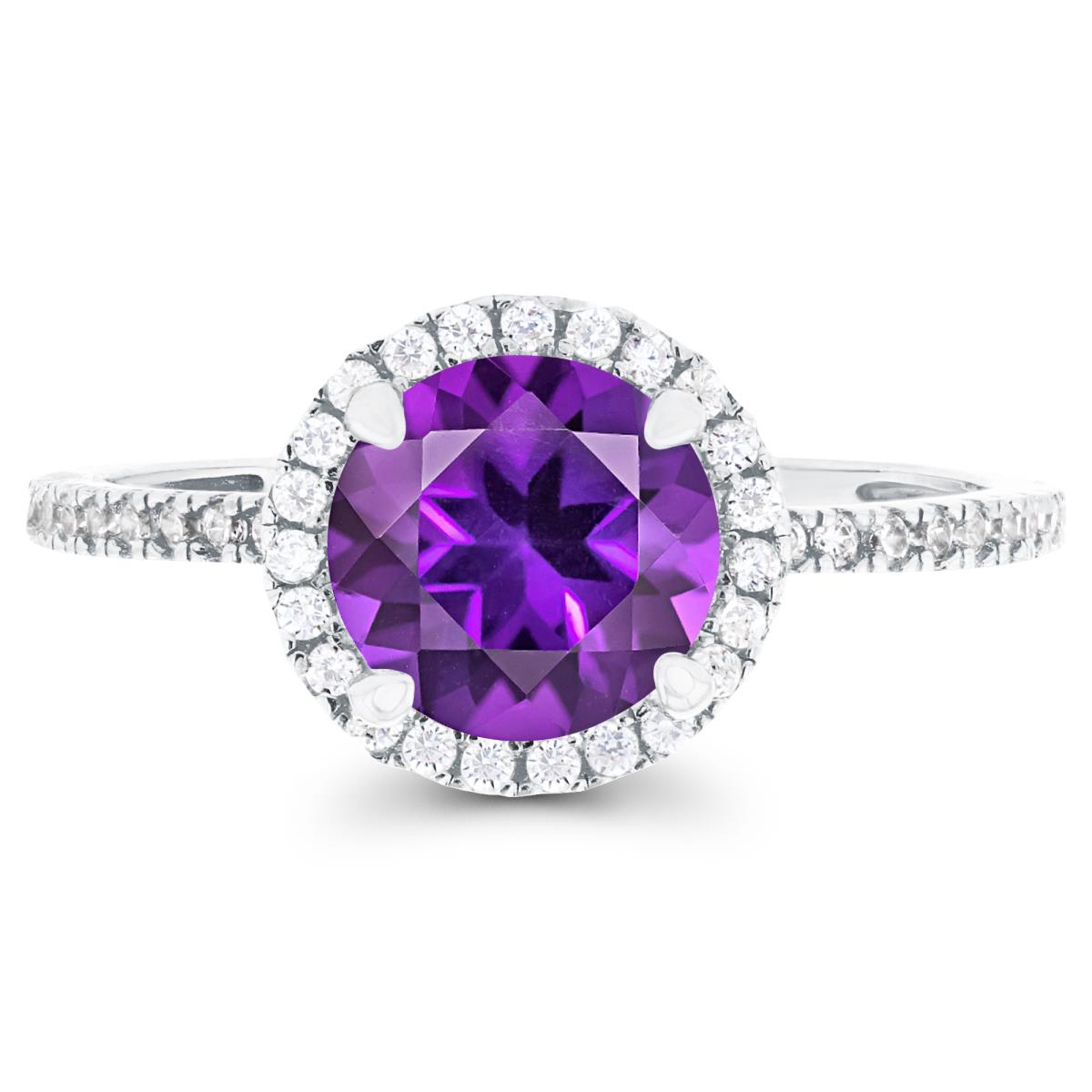 Sterling Silver Rhodium 7mm Amethyst & Created White Sapphire Halo Engagement Ring