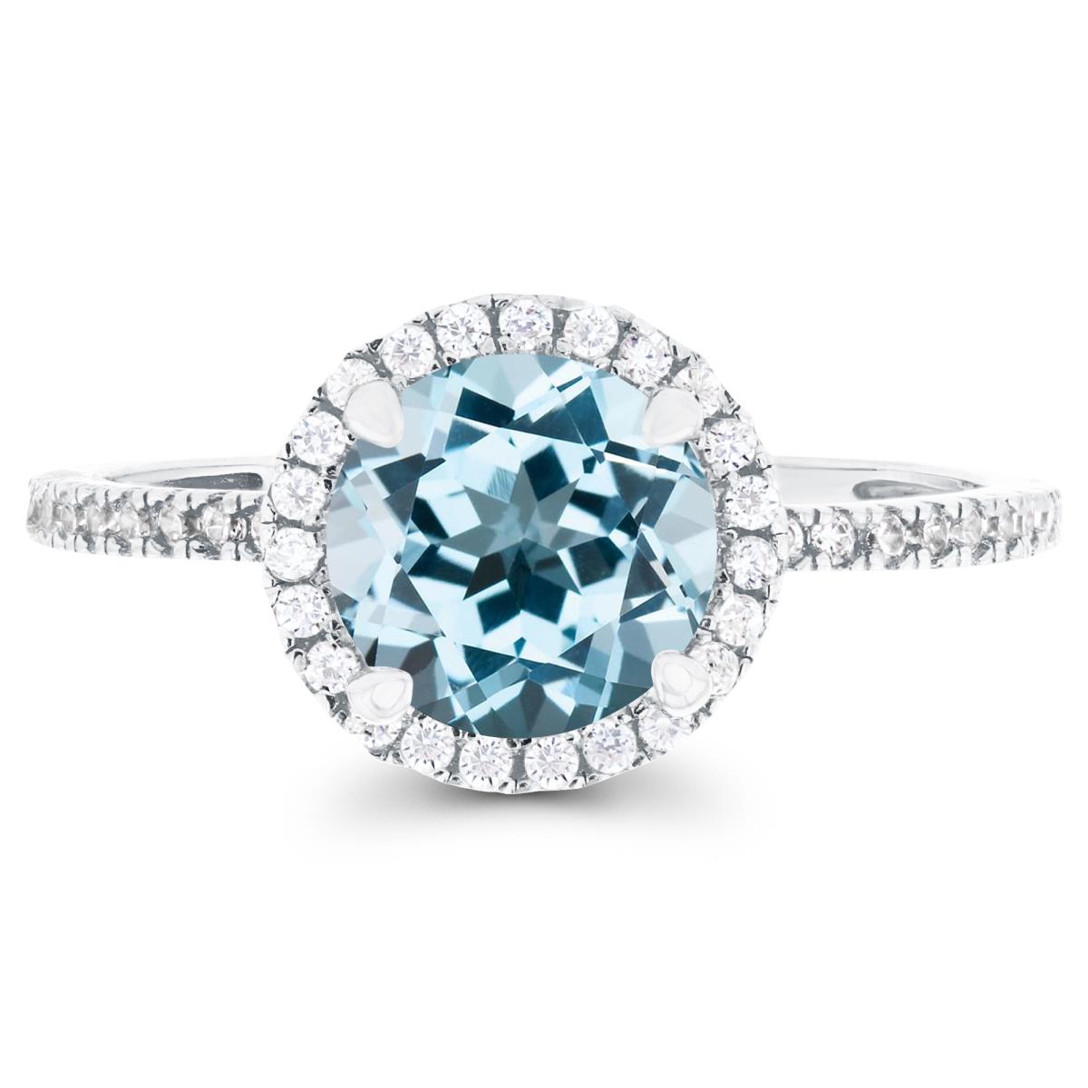 Sterling Silver Rhodium 7mm Sky Blue Topaz & Created White Sapphire Halo Engagement Ring