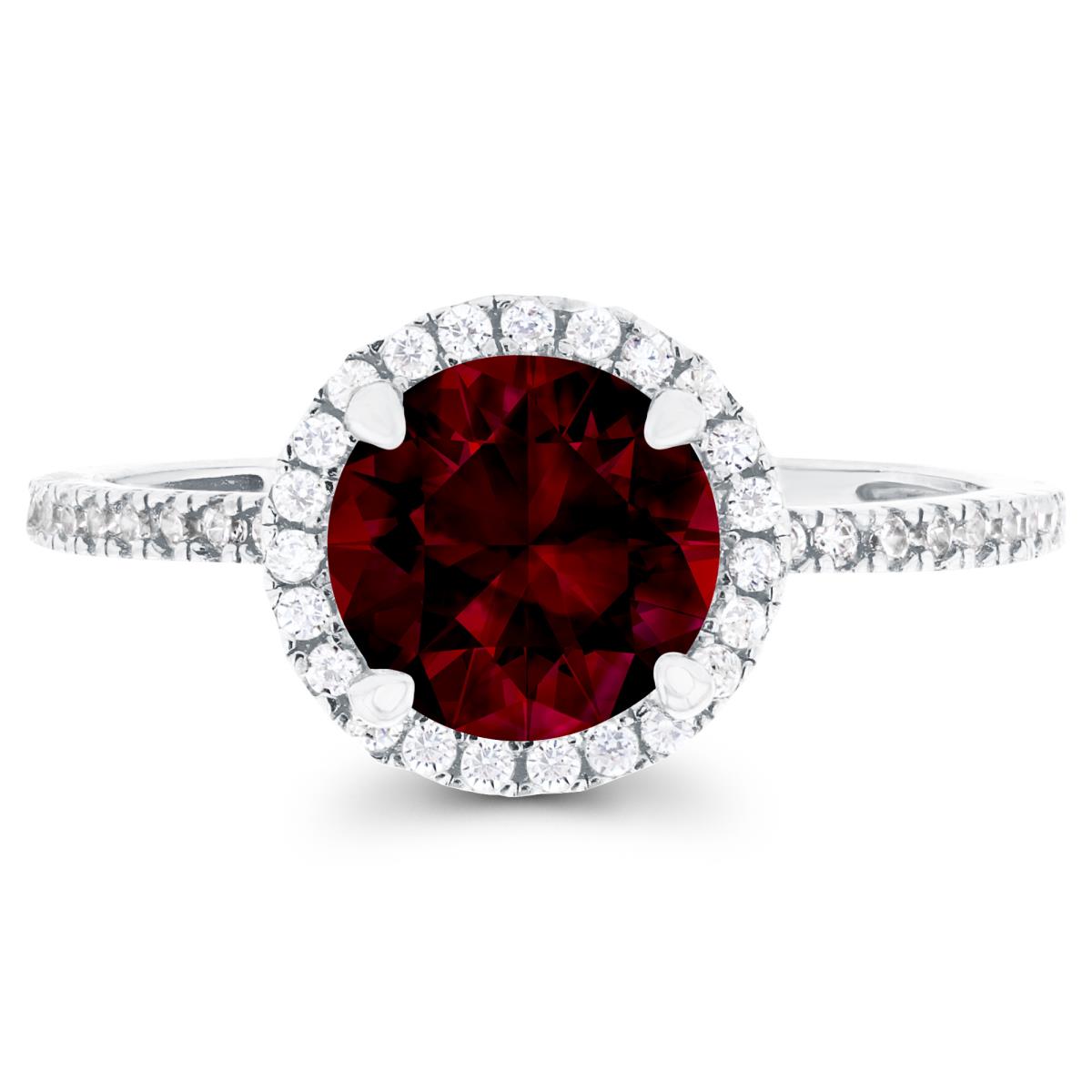Sterling Silver Rhodium 7mm Garnet & Created White Sapphire Halo Engagement Ring