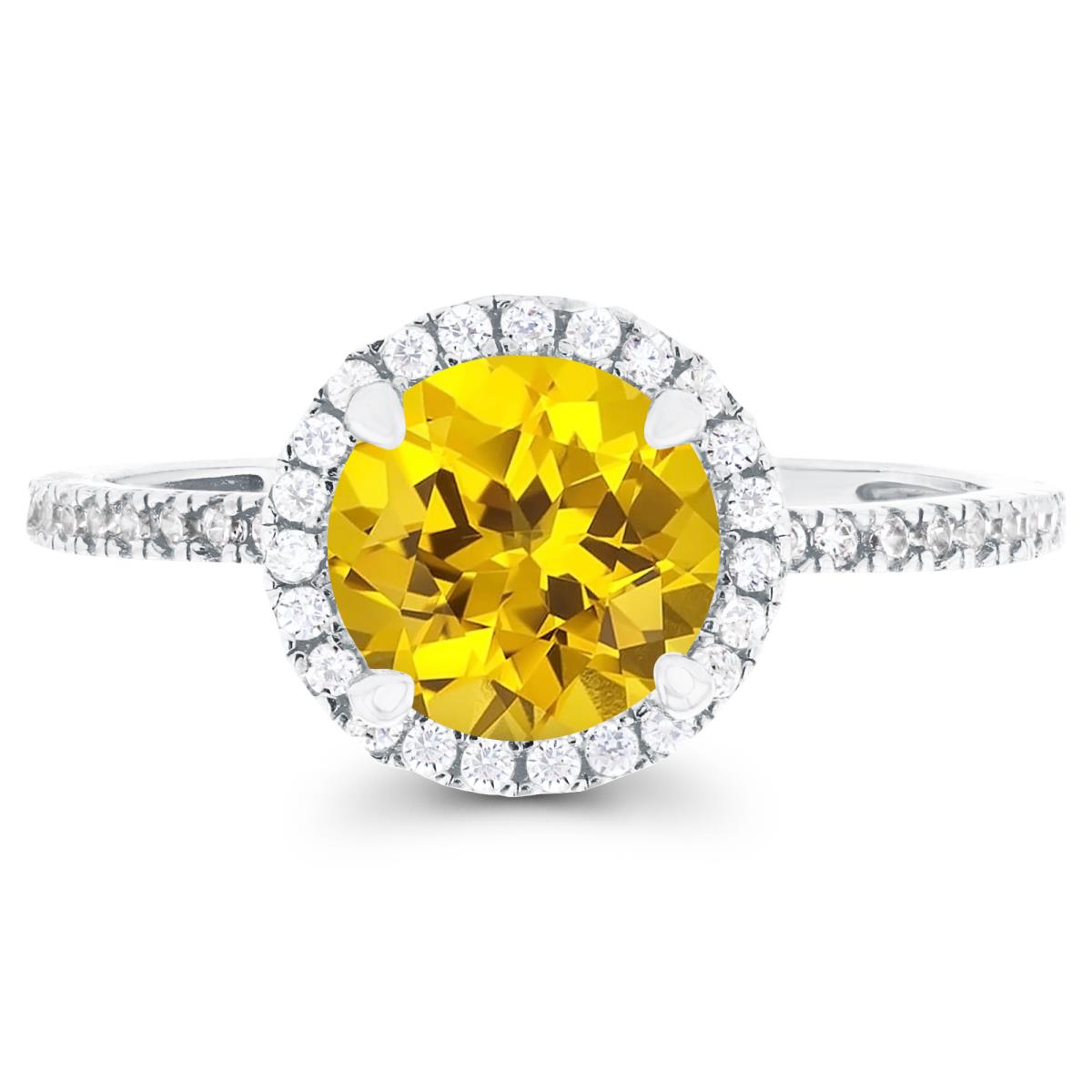 Sterling Silver Rhodium 7mm Created Yellow Sapphire & Created White Sapphire Halo Engagement Ring