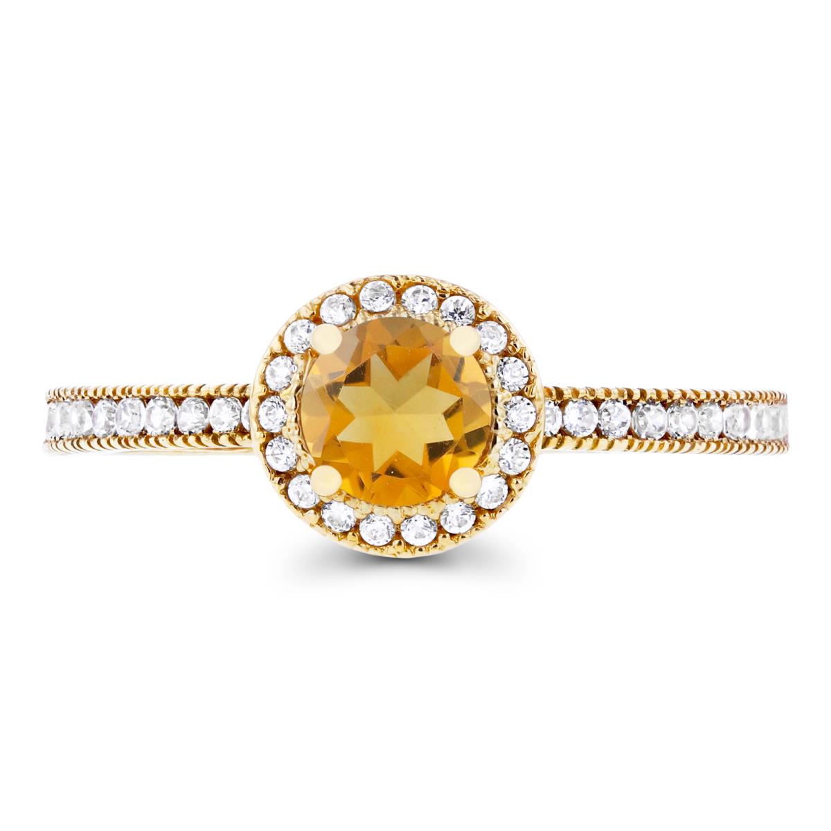 Sterling Silver Yellow 5mm Citrine & Created White Sapphire Milgrain Halo Ring