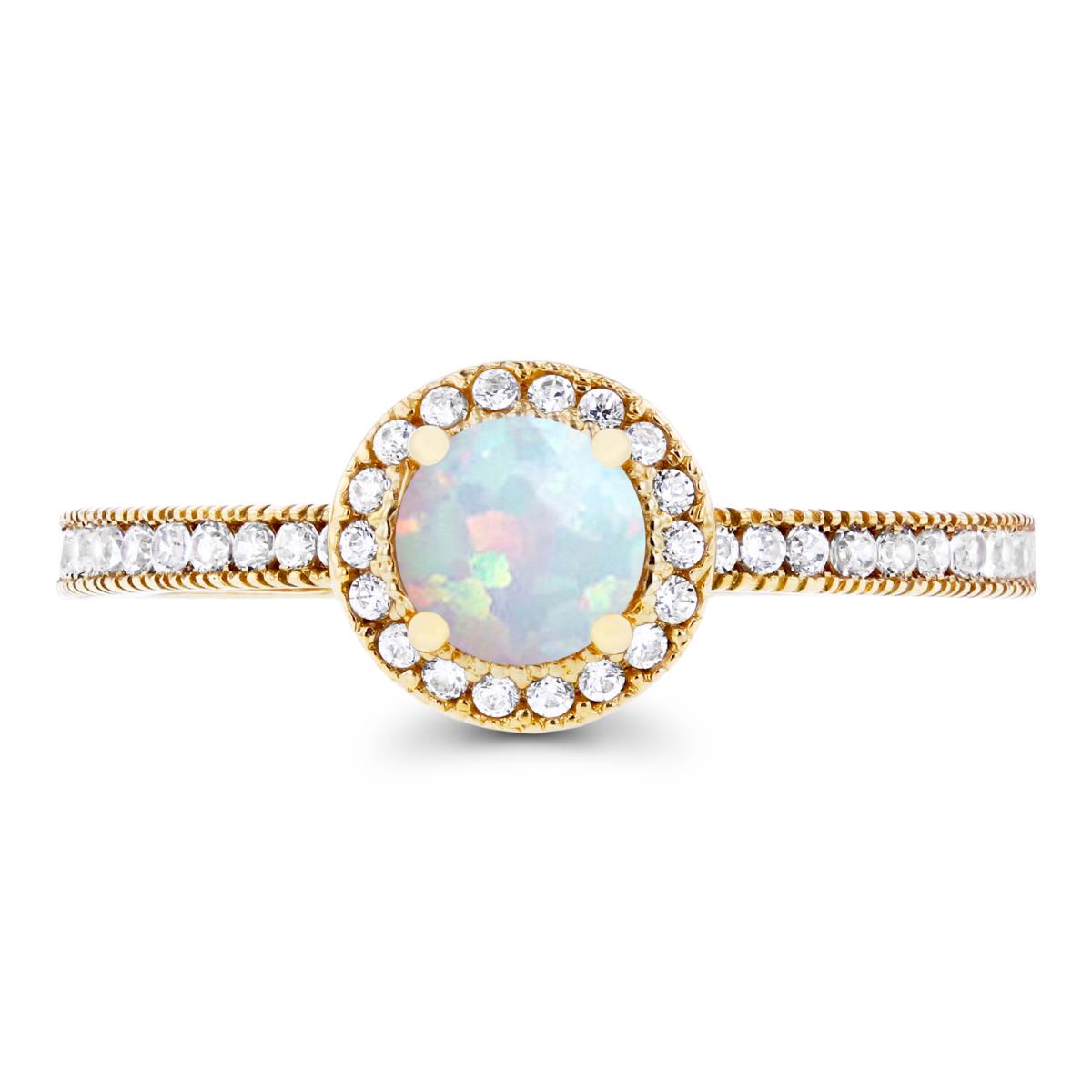 Sterling Silver Yellow 5mm Created Opal & Created White Sapphire Milgrain Halo Ring