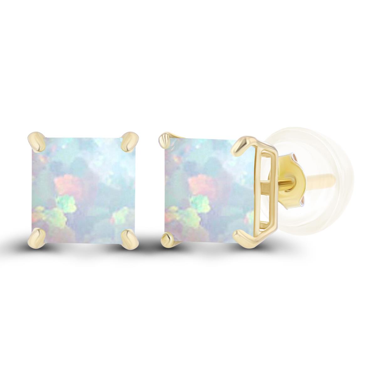 14K Yellow Gold 5mm Square Created Opal Basket Stud Earrings