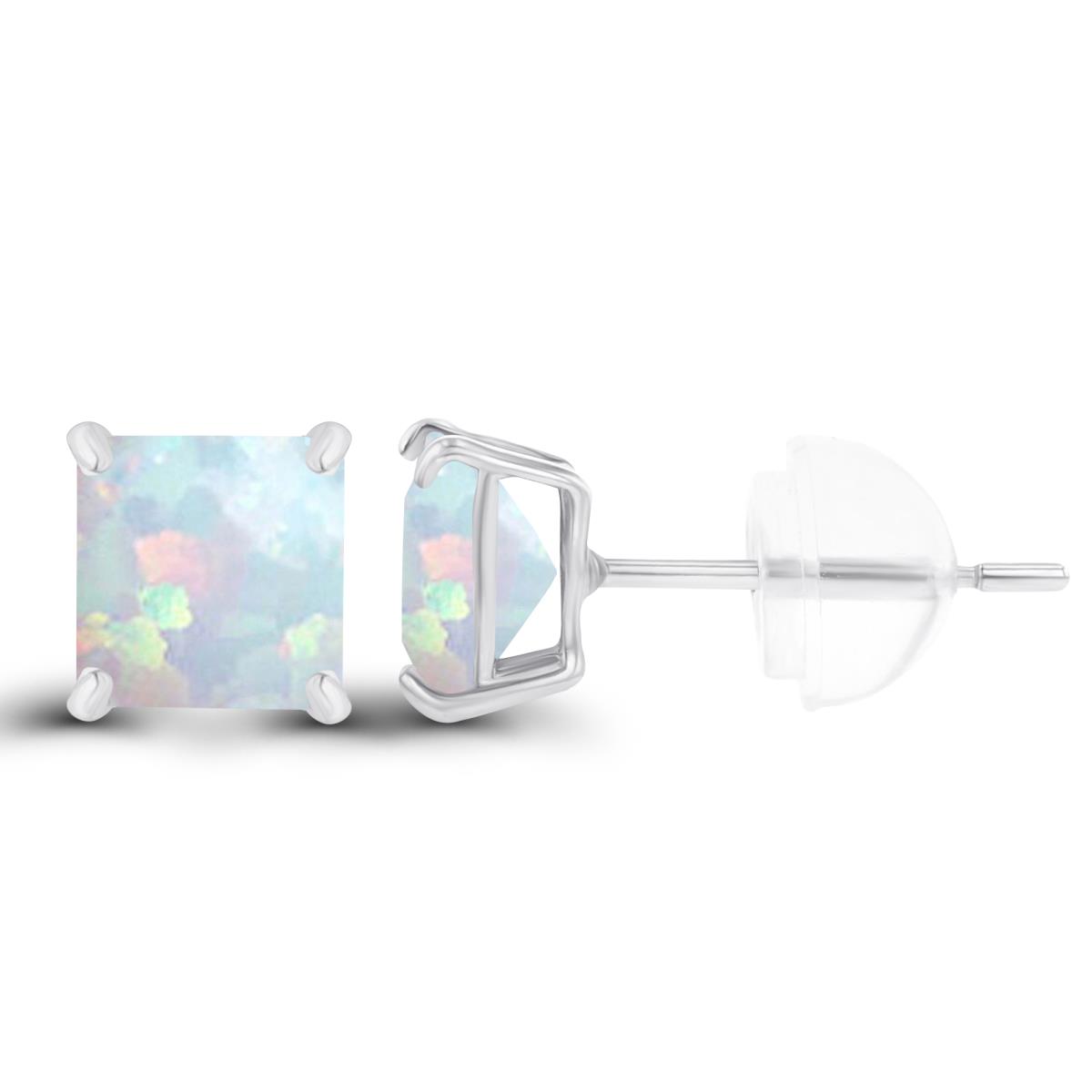 Sterling Silver Rhodium 5mm Square Created Opal Basket Stud Earrings with Silicone Back