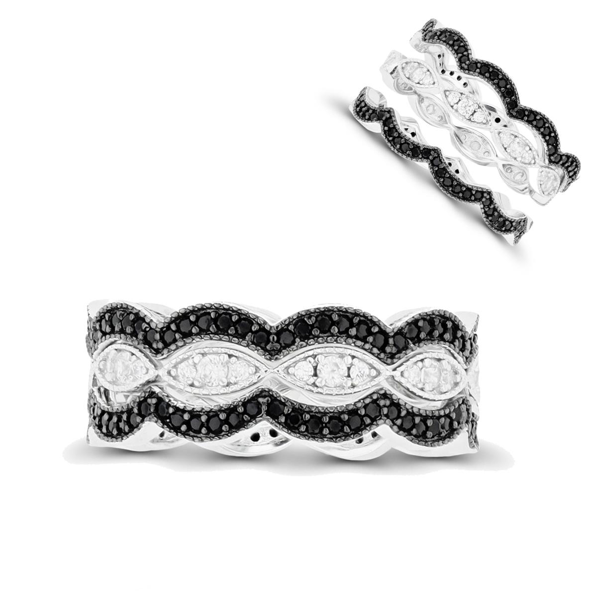 Sterling Silver Rhodium & Black Paved Black Spinel/White Zircon Triple Stackable Rings