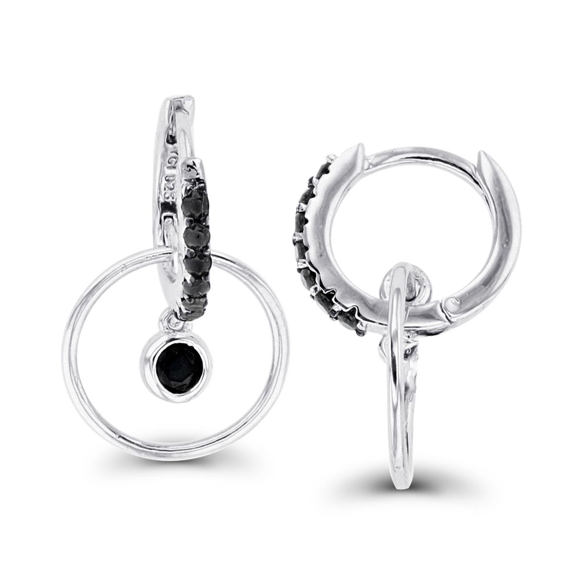 Sterling Silver Rhodium & Black Bezel Black Spinel Open Circle Huggie Earring
