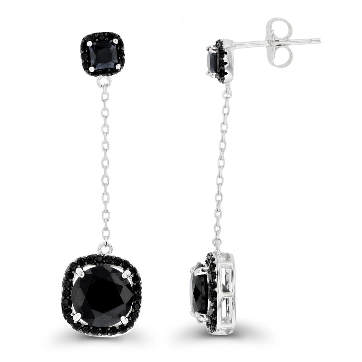 Sterling Silver Rhodium & Black 8mm Round Black Spinel Halo Dangling Earring