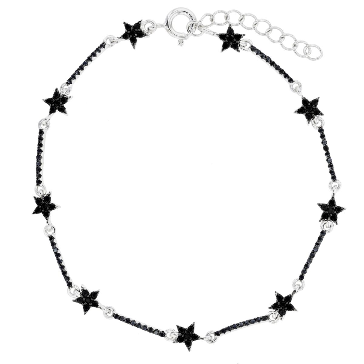Sterling Silver Rhodium & Black Paved Black Spinel Stars 7"+1" Bracelet