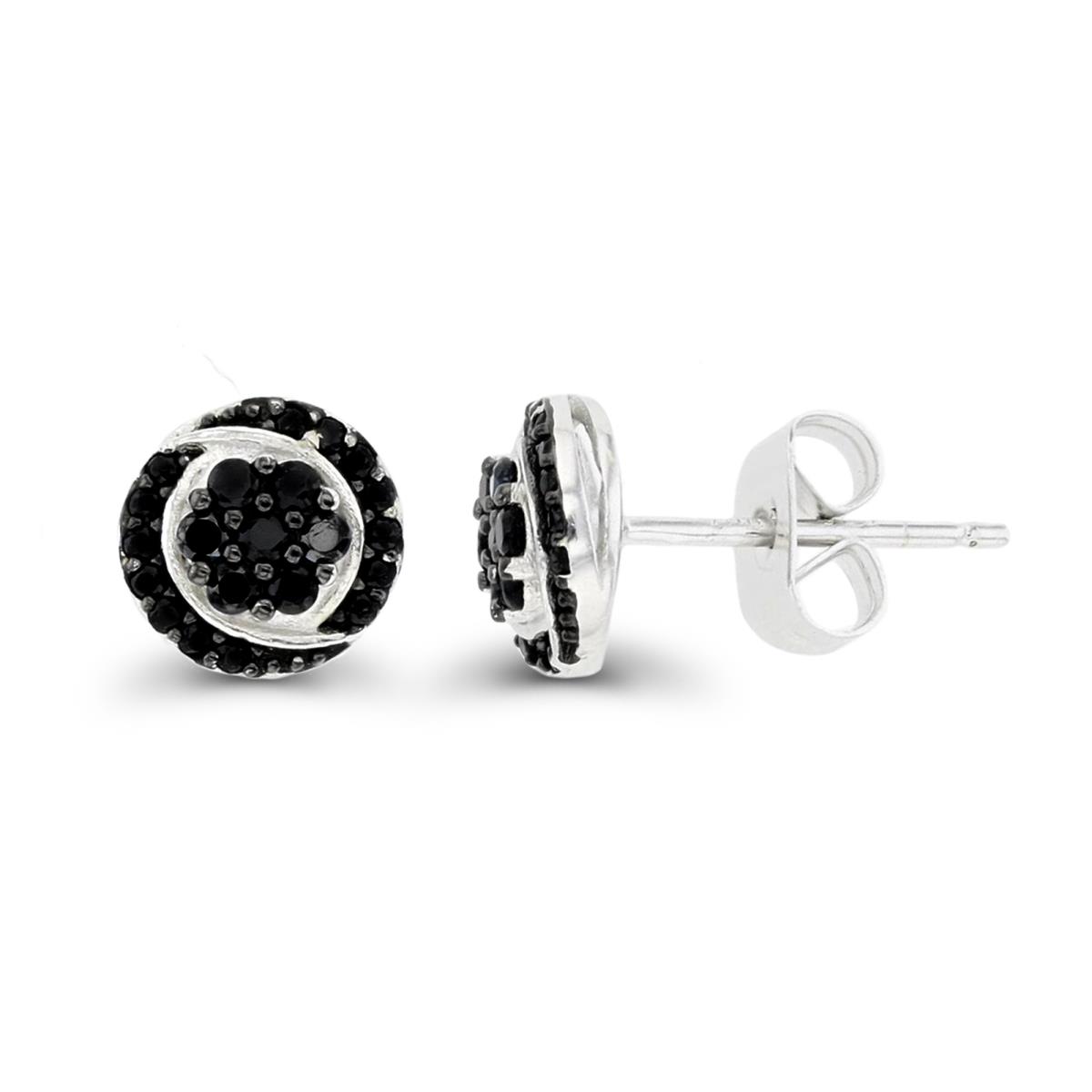 Sterling Silver Rhodium & Black 8mm Paved Black Spinel Cluster Stud Earring