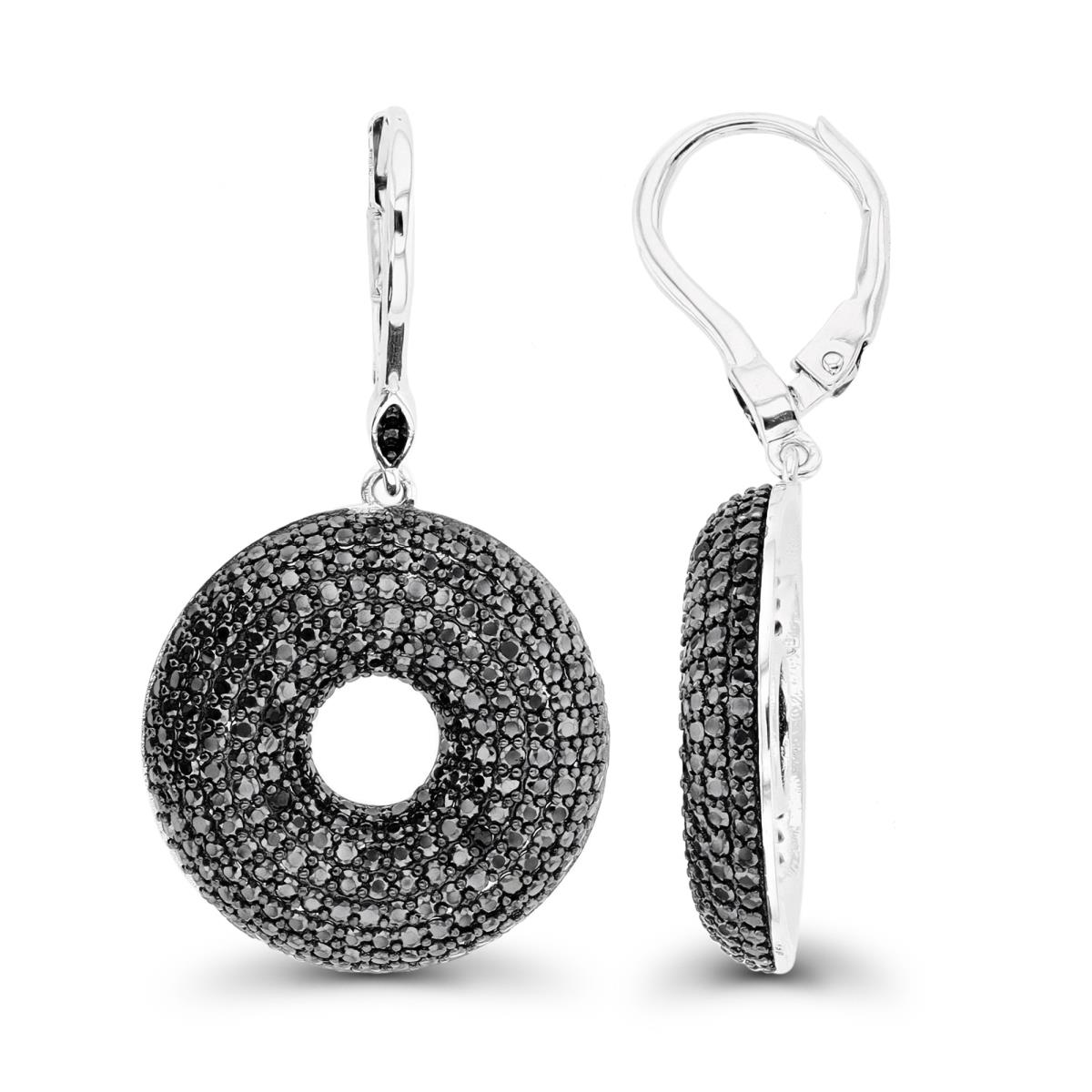 Sterling Silver Black & Rhodium Micropave Black Spinel Donut LeverBack Earring