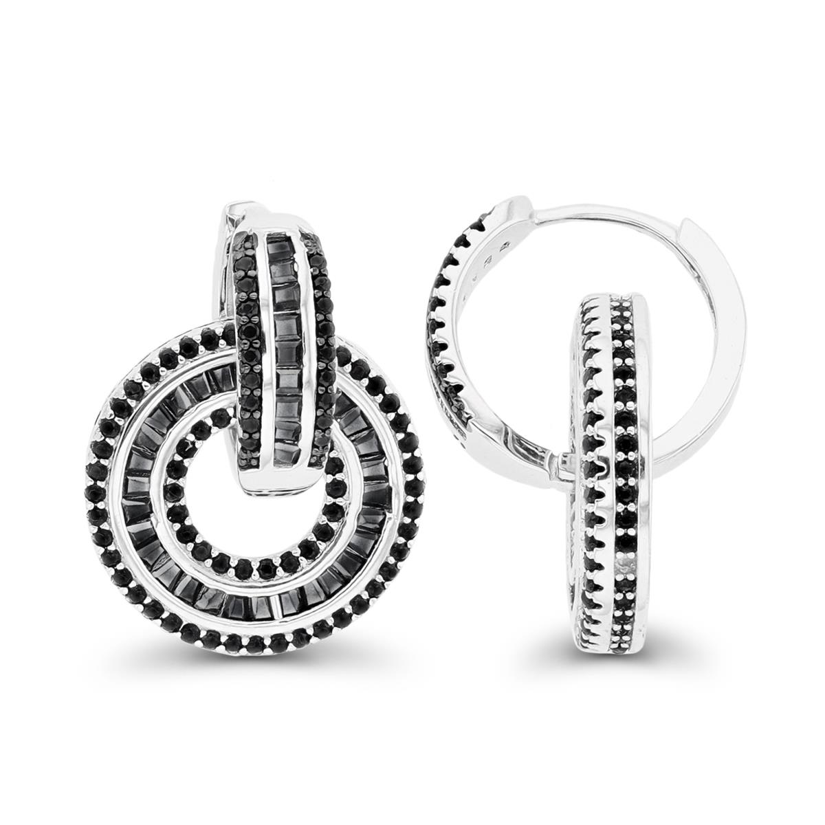Sterling Silver Rhodium & Black Round/Baguette Black Spinel Double Circle Huggie Earring
