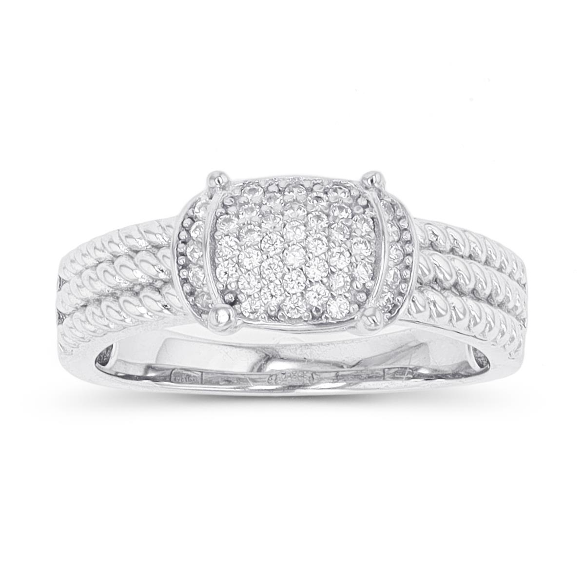Sterling Silver Rhodium Paved Front Triple Rope Sides Fashion Ring