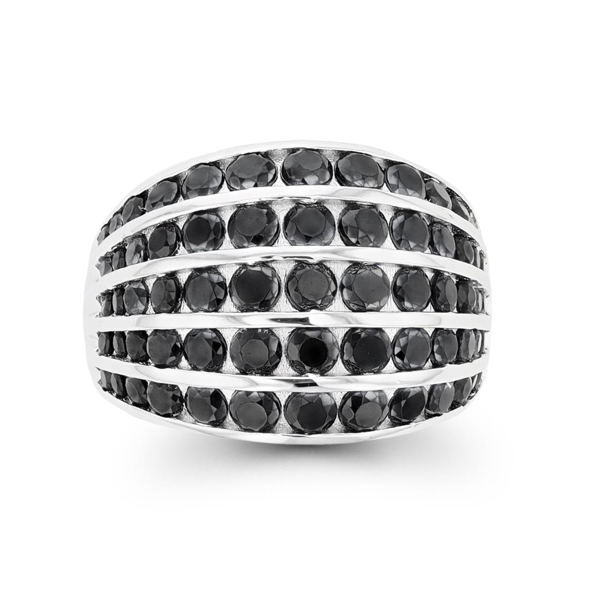 Sterling Silver Rhodium Graduated Multi Row Black Spinel Dome Fashion Ring