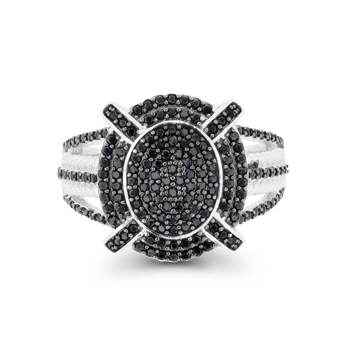 Sterling Silver Rhodium & Black Micropave Black Spinel Oval Split Shank Fashion Ring