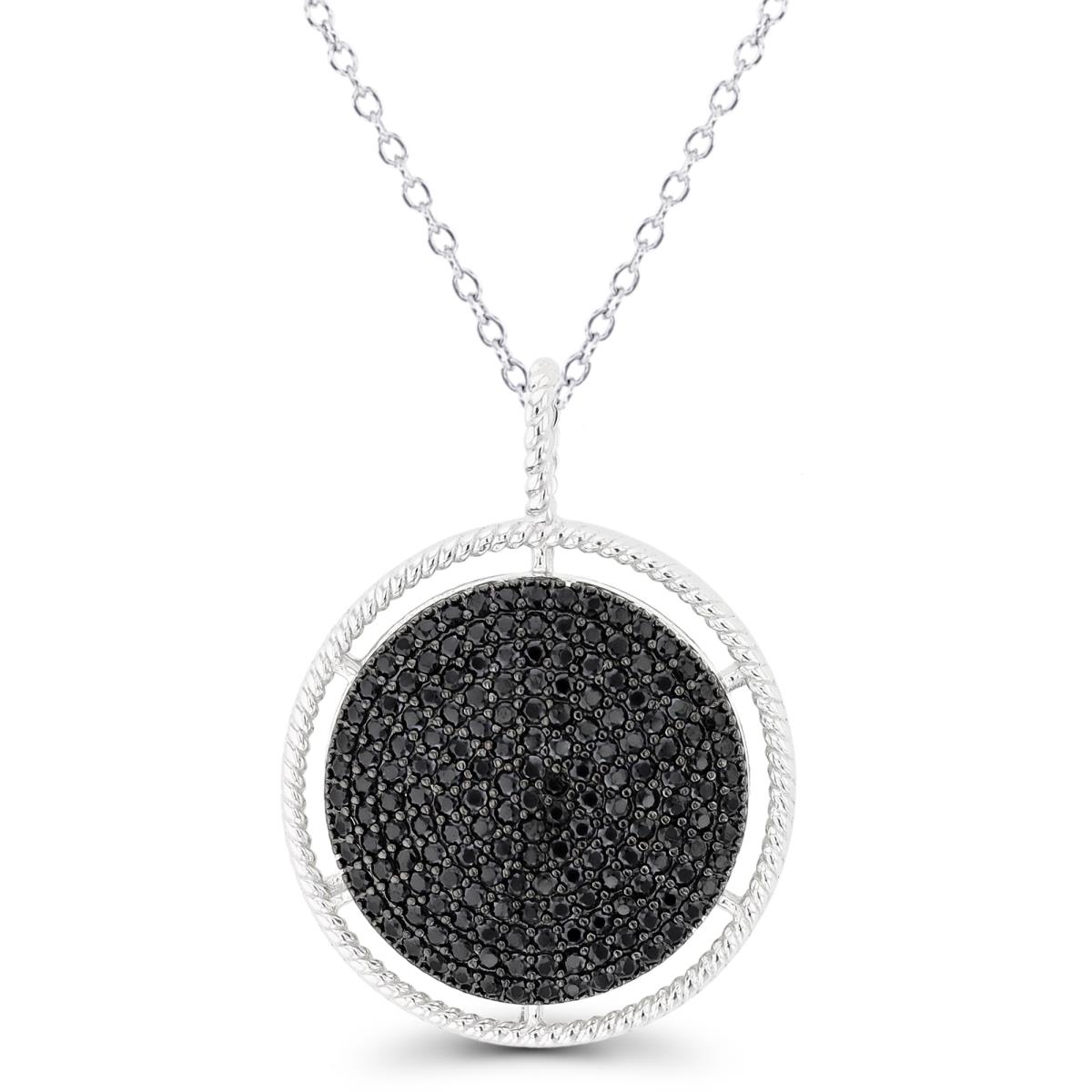 Sterling Silver Rhodium & Black Micropave Black Spinel Circle 18" Necklace