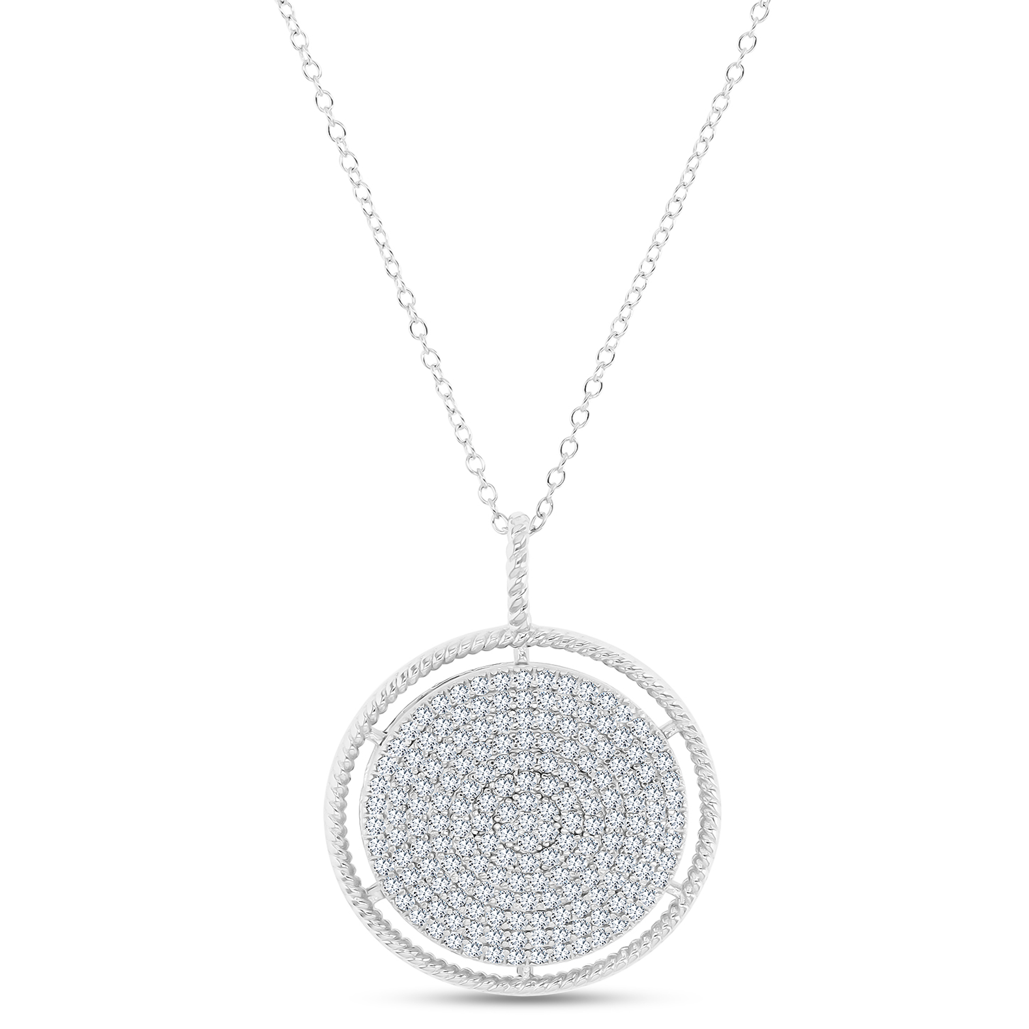Sterling Silver Rhodium Micropave White Zircon Circle 18" Necklace