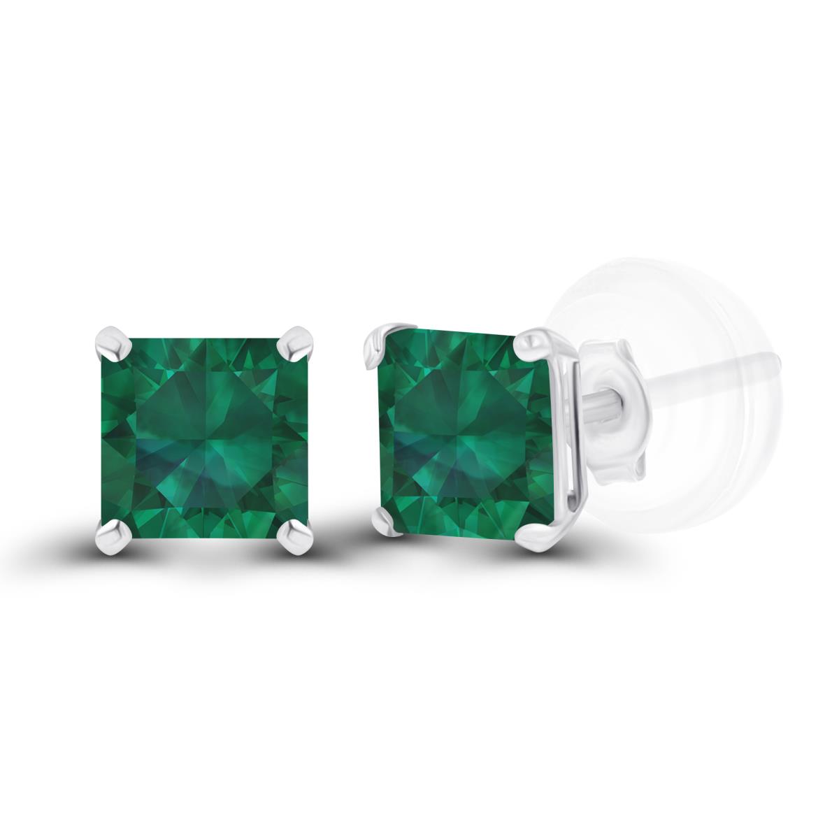 Sterling Silver Rhodium 4mm Square Created Emerald Basket Stud Earrings with Silicone Back