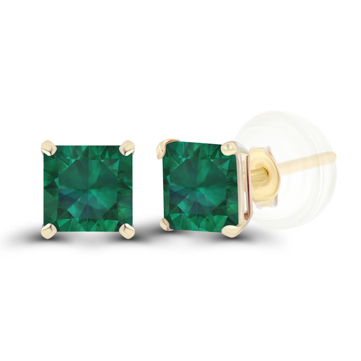 Sterling Silver Yellow 4mm Square Created Emerald Basket Stud Earrings with Silicone Back
