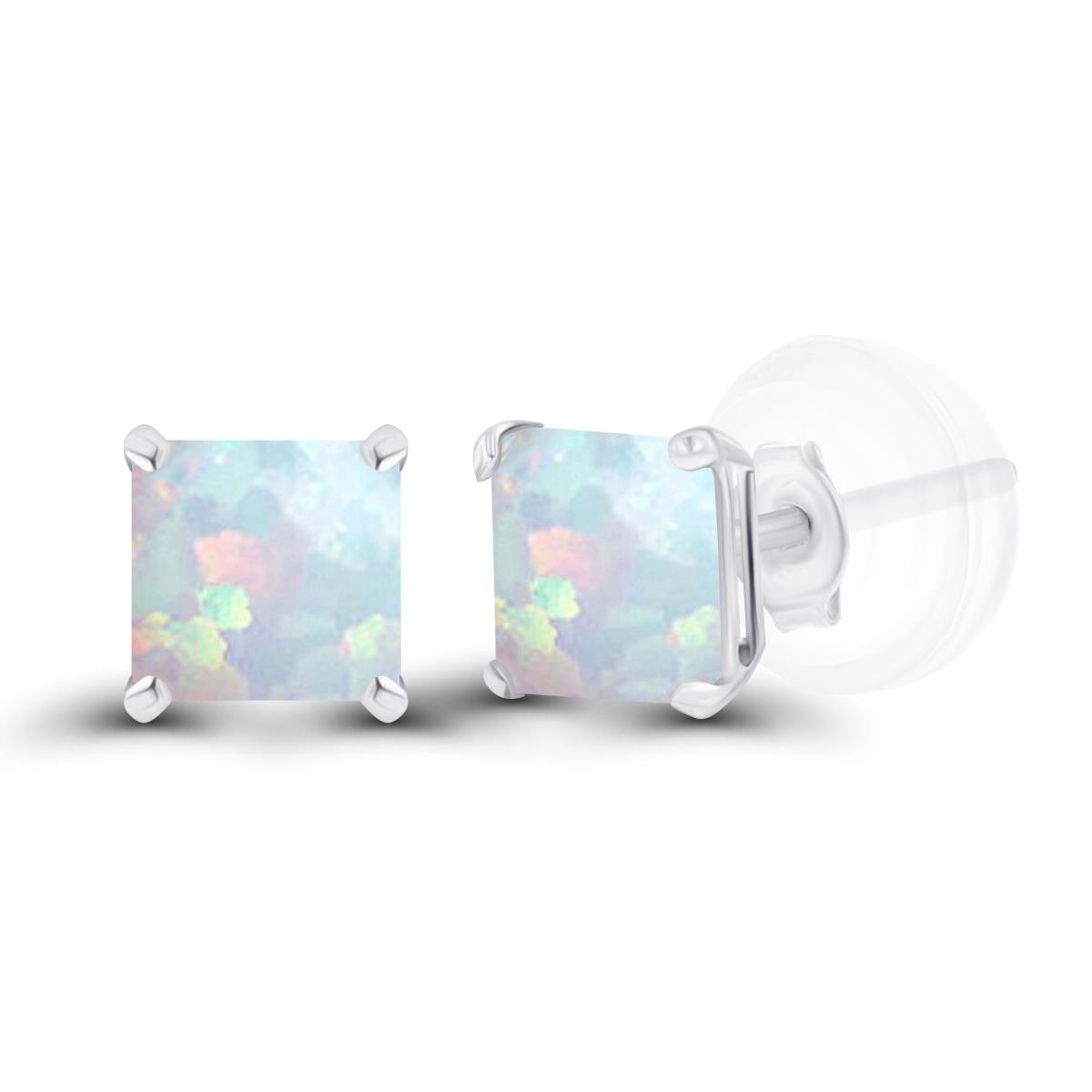 14K White Gold 4mm Square Created Opal Basket Stud Earrings with Silicone Back