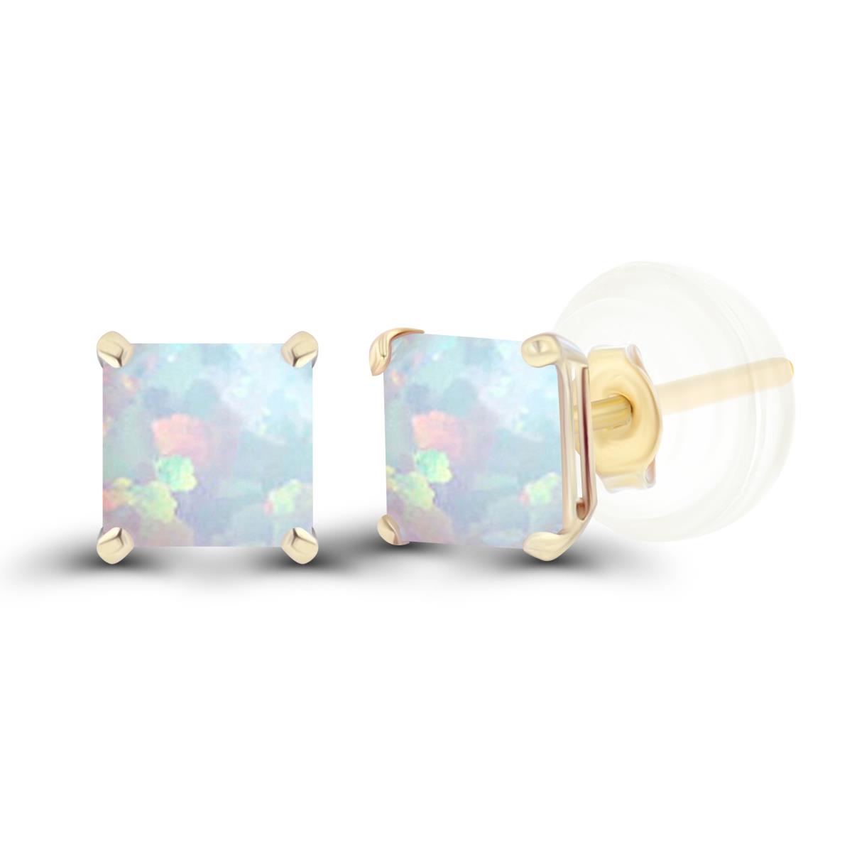 Sterling Silver Yellow 4mm Square Created Opal Basket Stud Earrings with Silicone Back