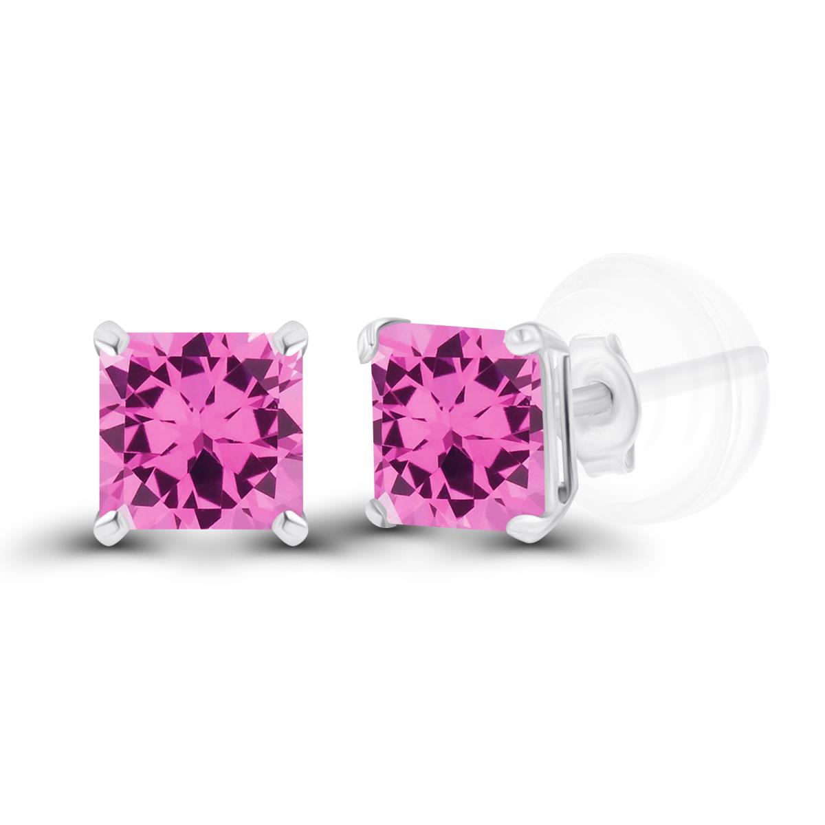 Sterling Silver Rhodium 4mm Square Created Pink Sapphire Basket Stud Earrings with Silicone Back