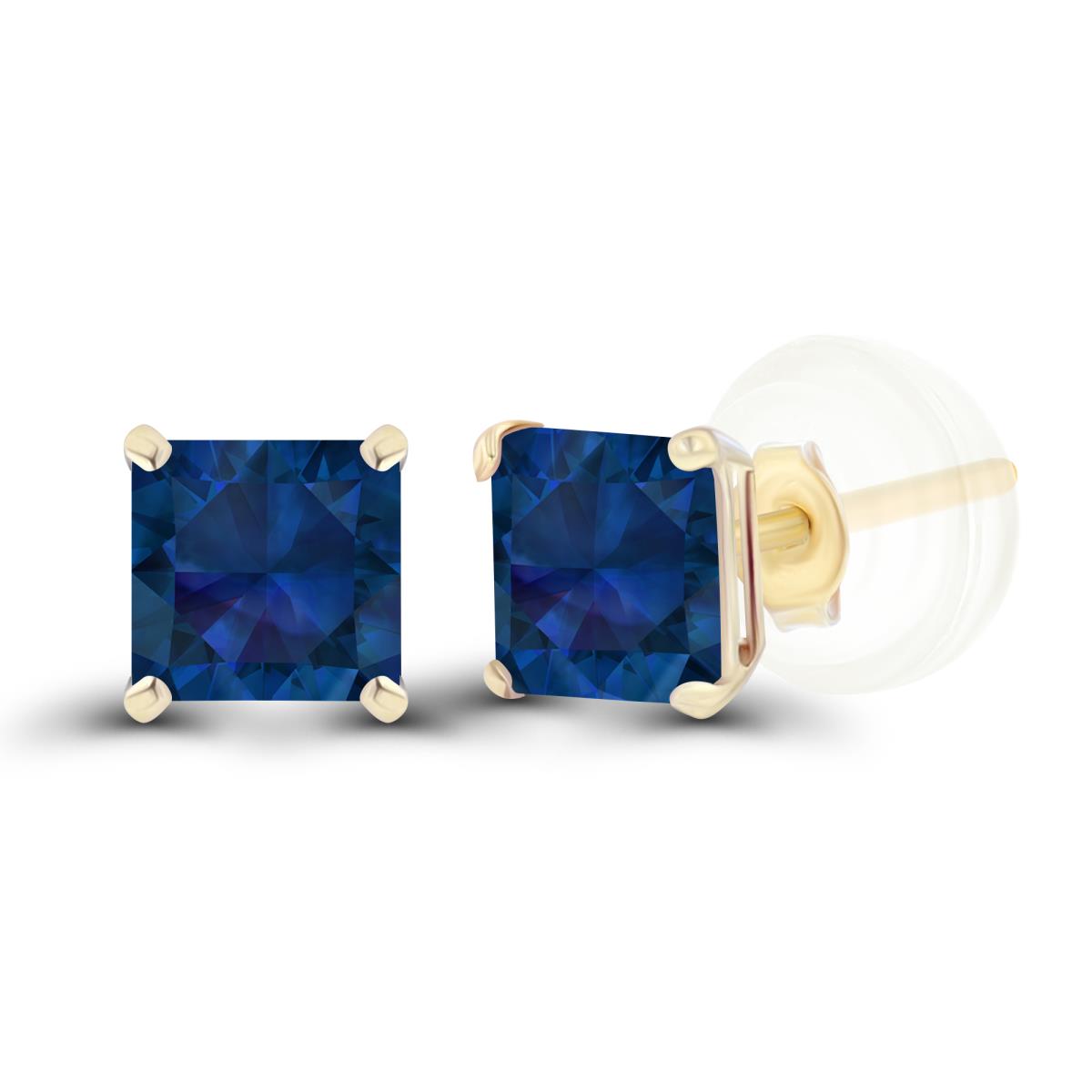 14K Yellow Gold 4mm Square Created Blue Sapphire Basket Stud Earrings with Silicone Back