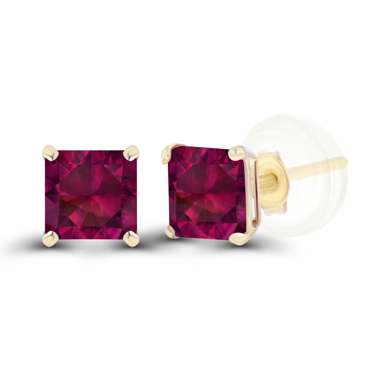 14K Yellow Gold 4mm Square Created Ruby Basket Stud Earrings with Silicone Back
