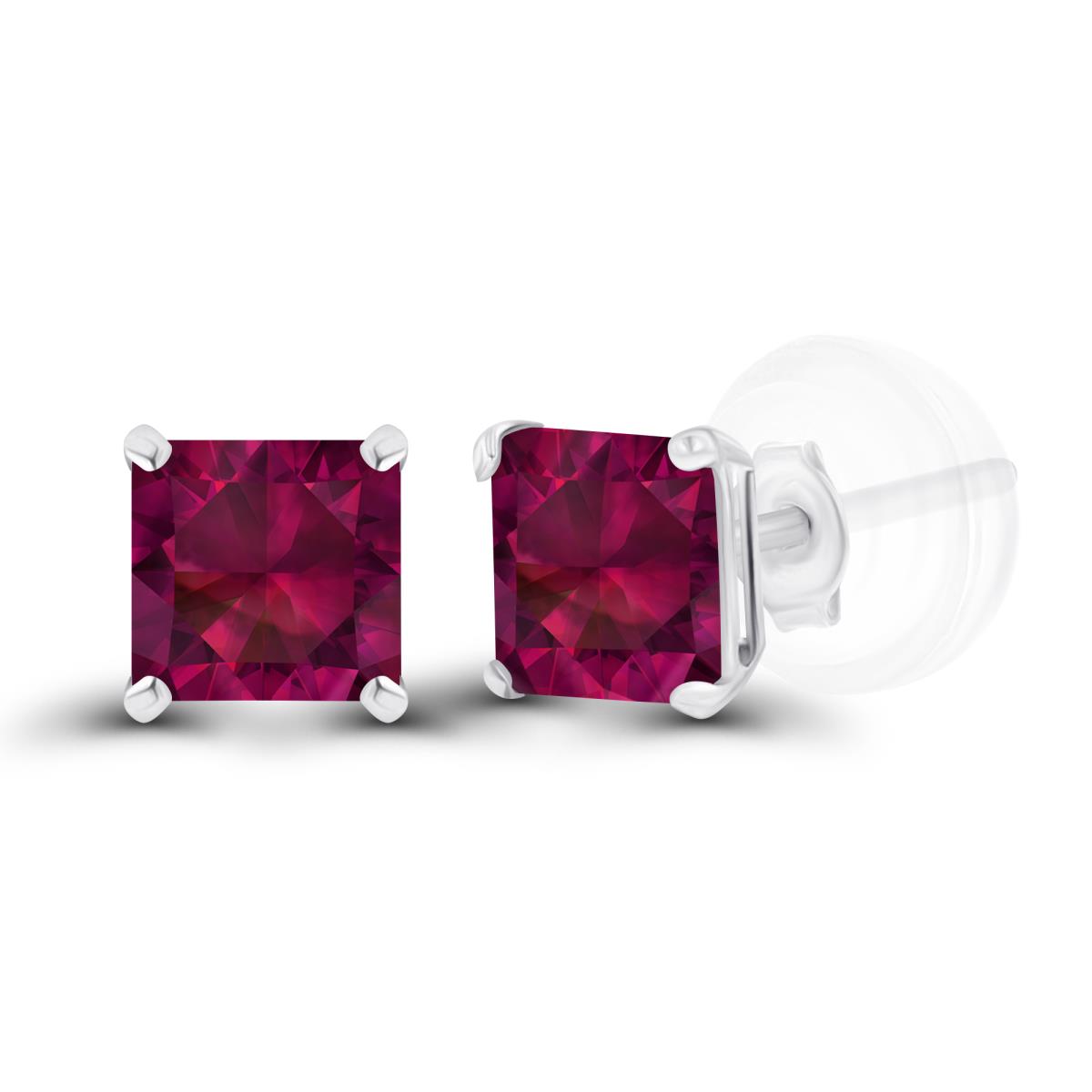 Sterling Silver Rhodium 4mm Square Created Ruby Basket Stud Earrings with Silicone Back