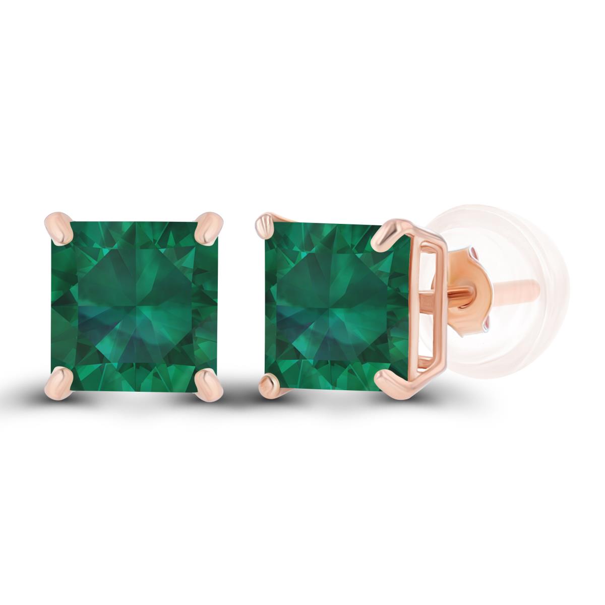 14K Rose Gold 5mm Square Created Emerald Basket Stud Earrings