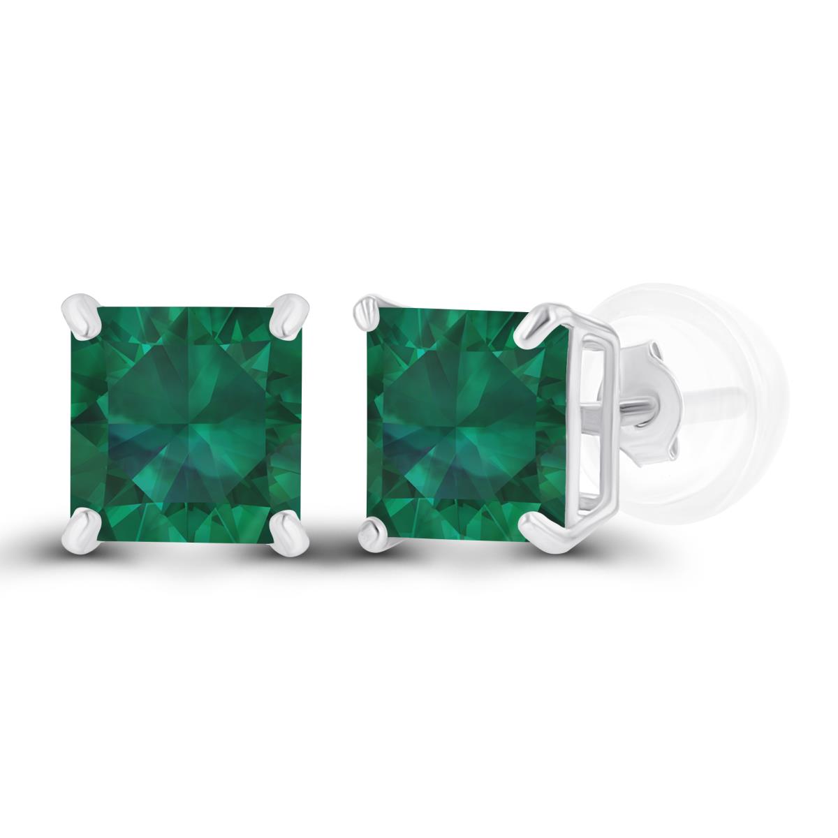 Sterling Silver Rhodium 5mm Square Created Emerald Basket Stud Earrings with Silicone Back