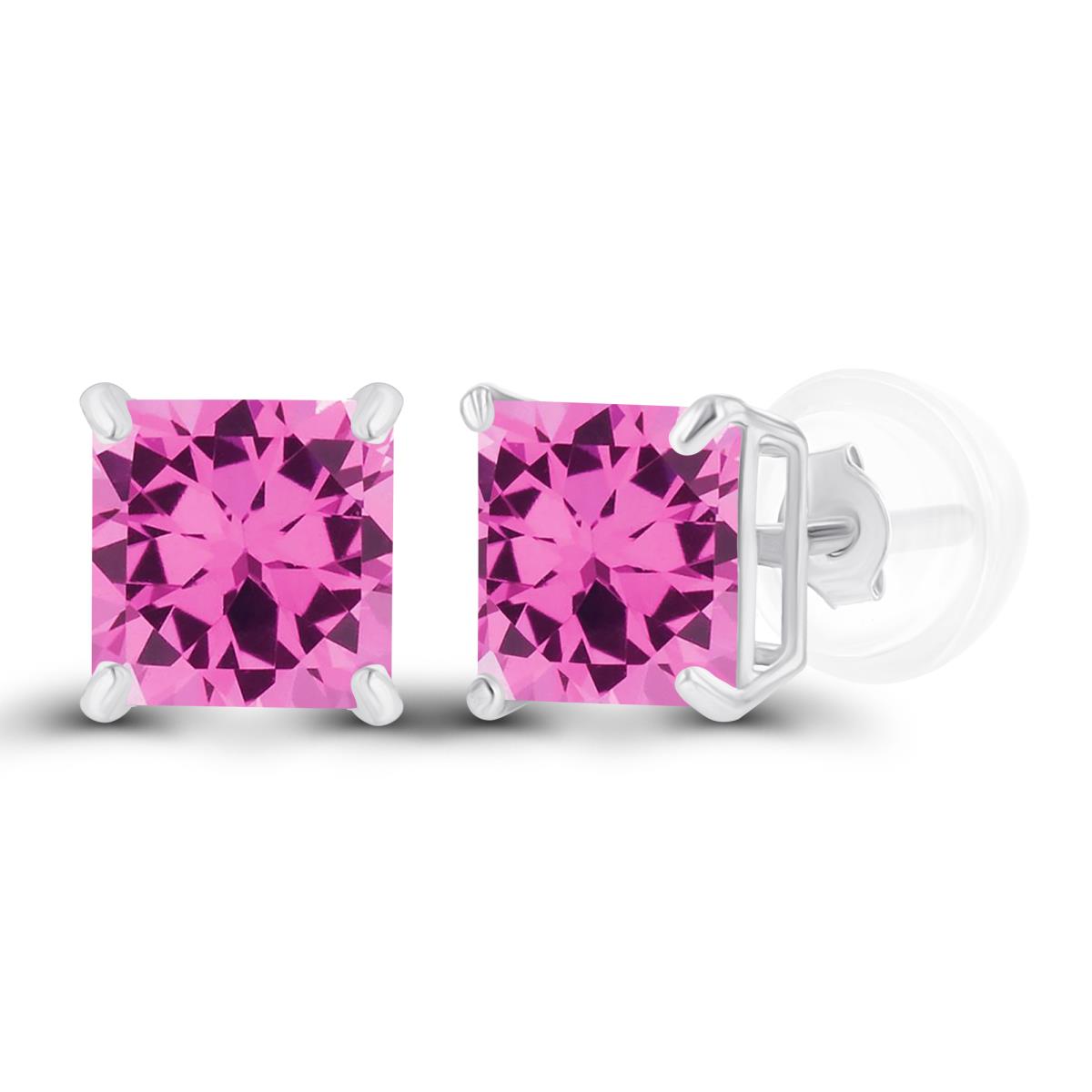 Sterling Silver Rhodium 5mm Square Created Pink Sapphire Basket Stud Earrings with Silicone Back
