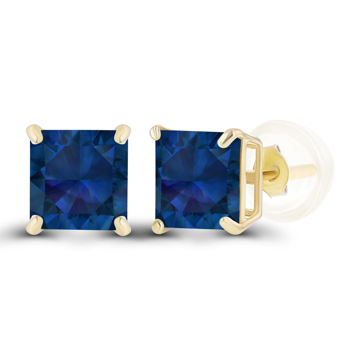 14K Yellow Gold 5mm Square Created Blue Sapphire Basket Stud Earrings