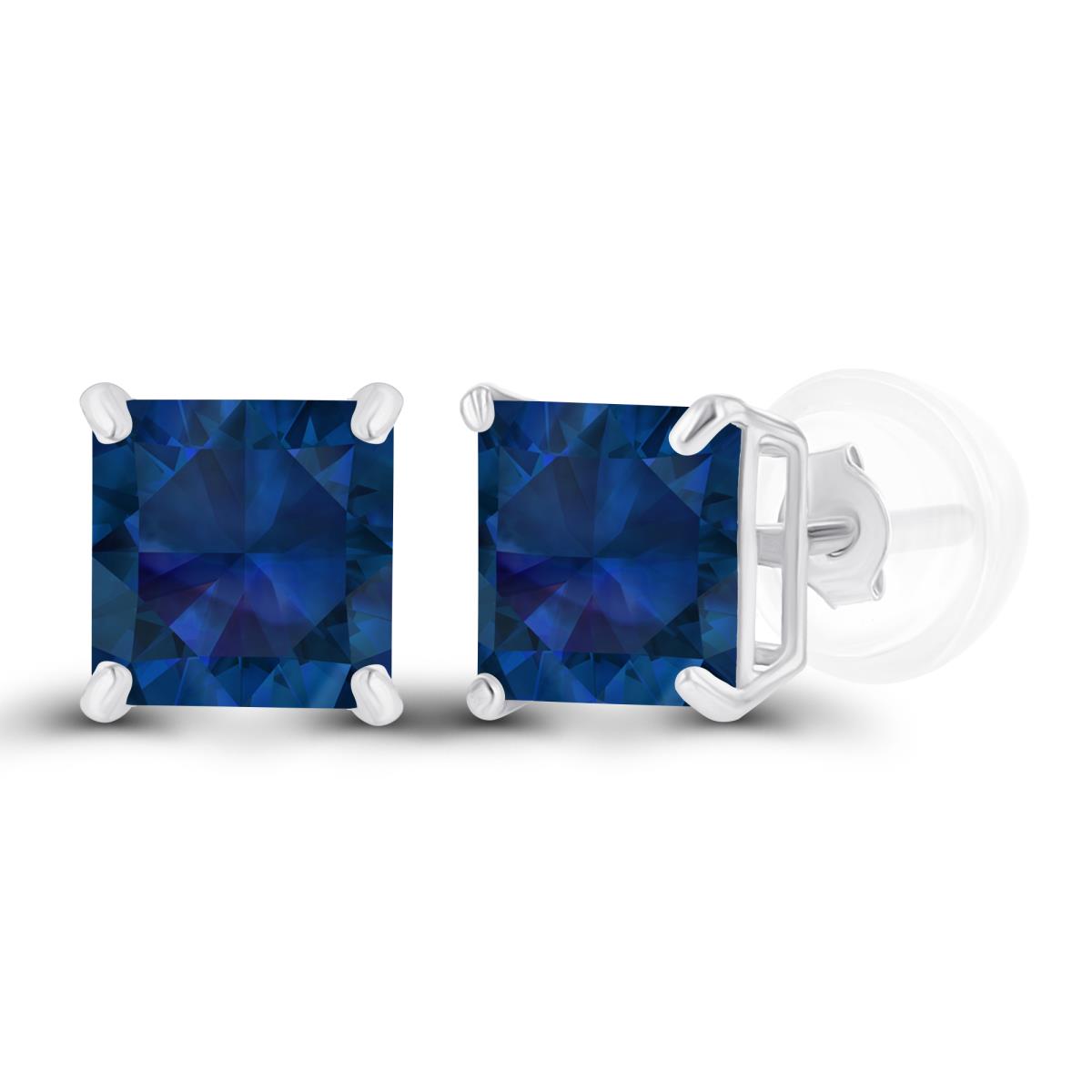 Sterling Silver Rhodium 5mm Square Created Blue Sapphire Basket Stud Earrings with Silicone Back