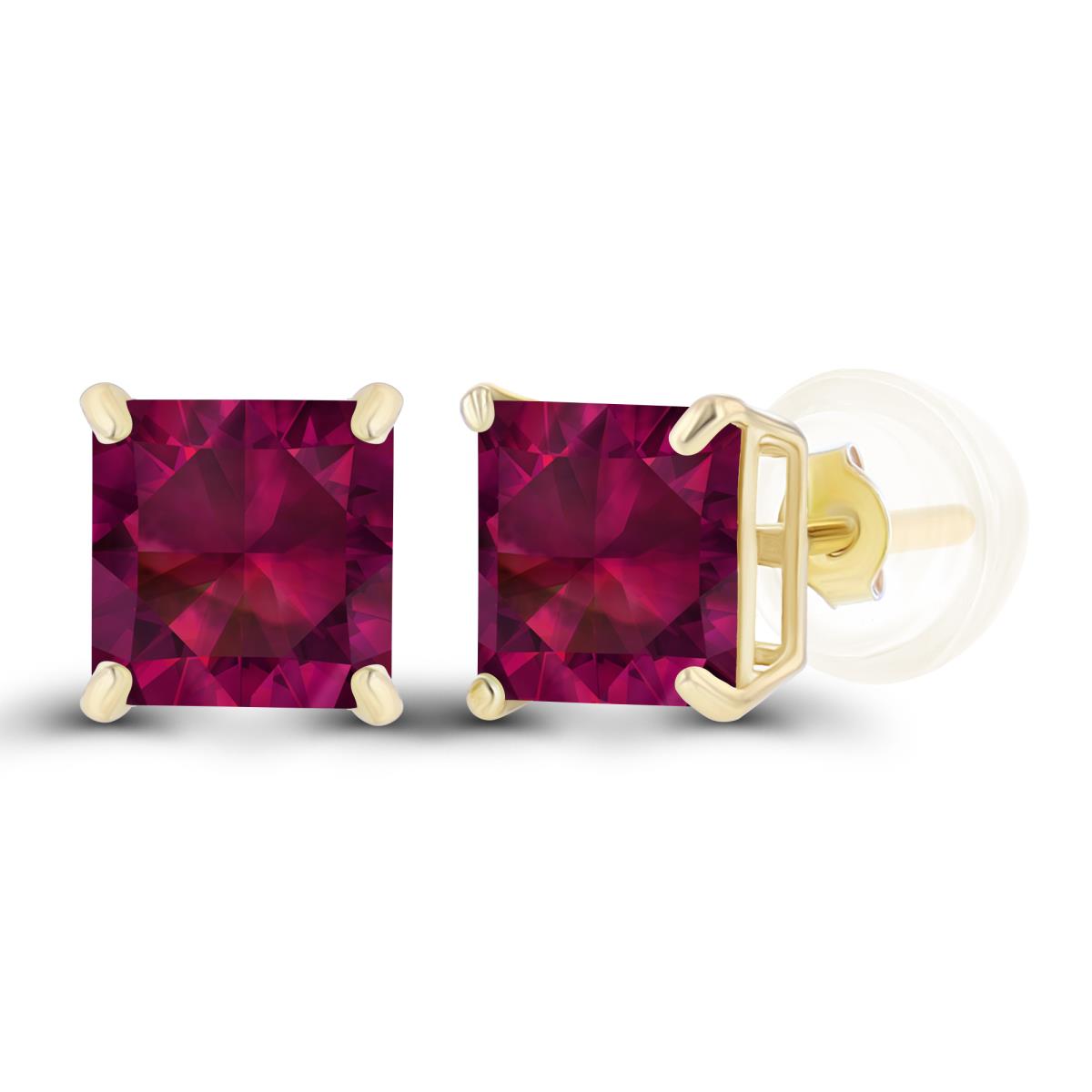 14K Yellow Gold 5mm Square Created Ruby Basket Stud Earrings