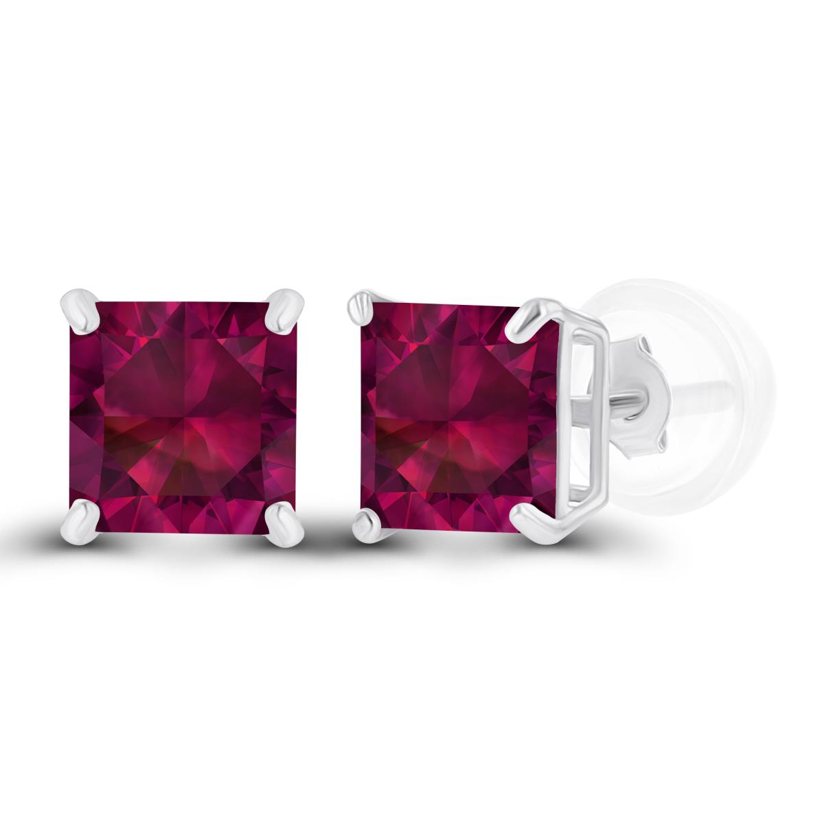 Sterling Silver Rhodium 5mm Square Created Ruby Basket Stud Earrings with Silicone Back