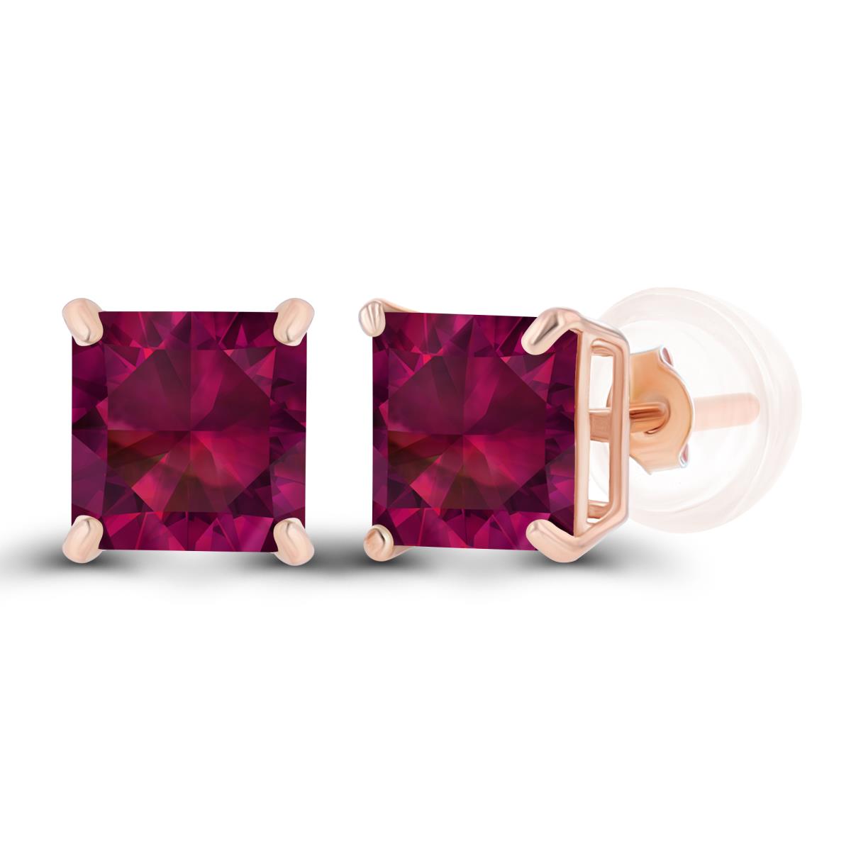 Sterling Silver Rose 5mm Square Created Ruby Basket Stud Earrings with Silicone Back