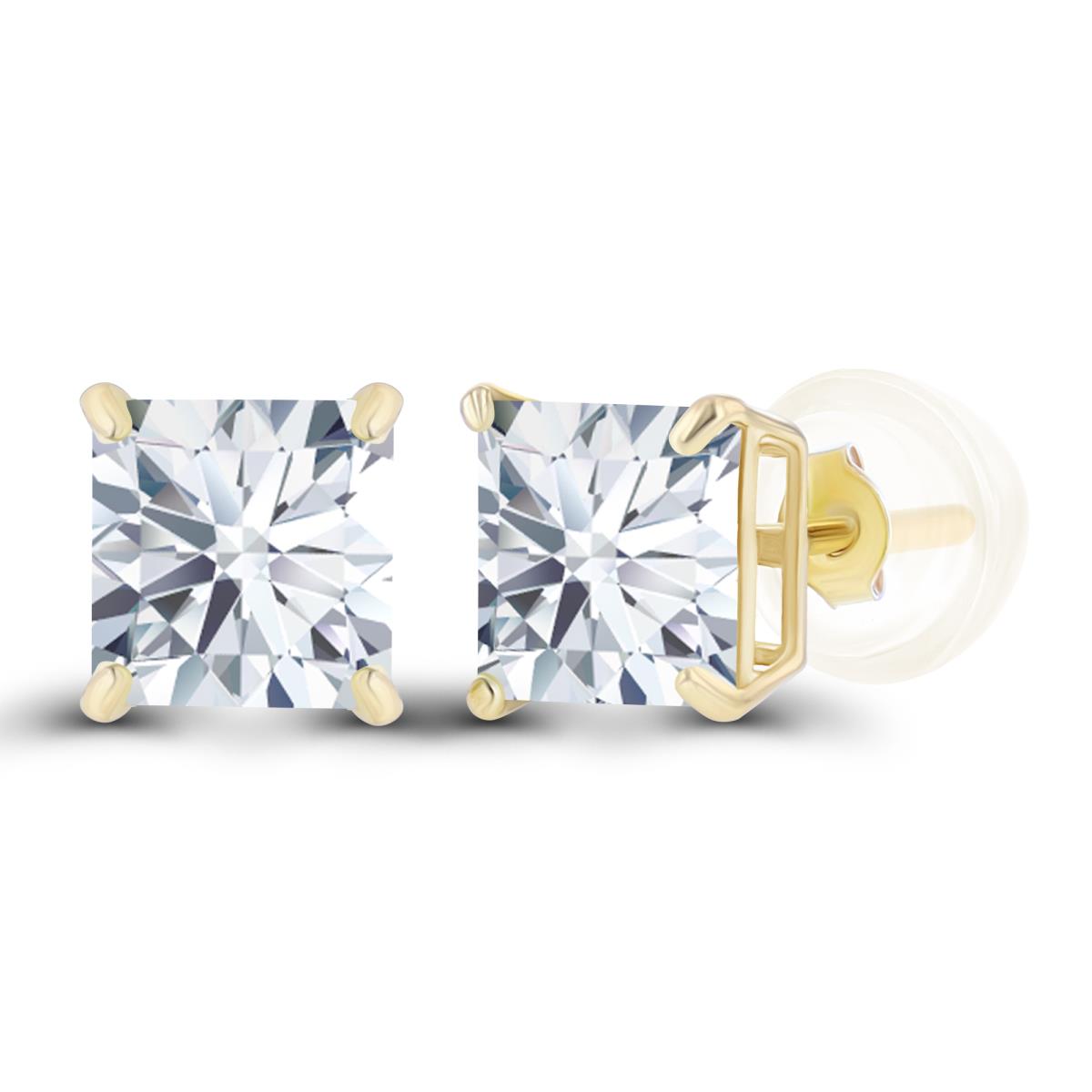 14K Yellow Gold 5mm Square Created White Sapphire Basket Stud Earrings