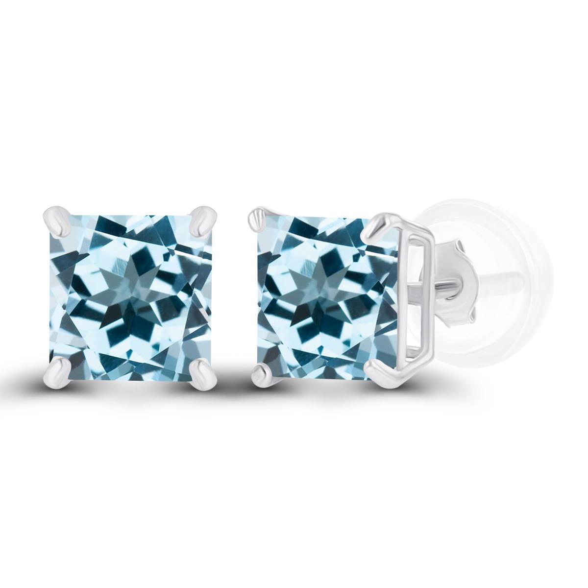 Sterling Silver Rhodium 5mm Square Sky Blue Topaz Basket Stud Earrings with Silicone Back