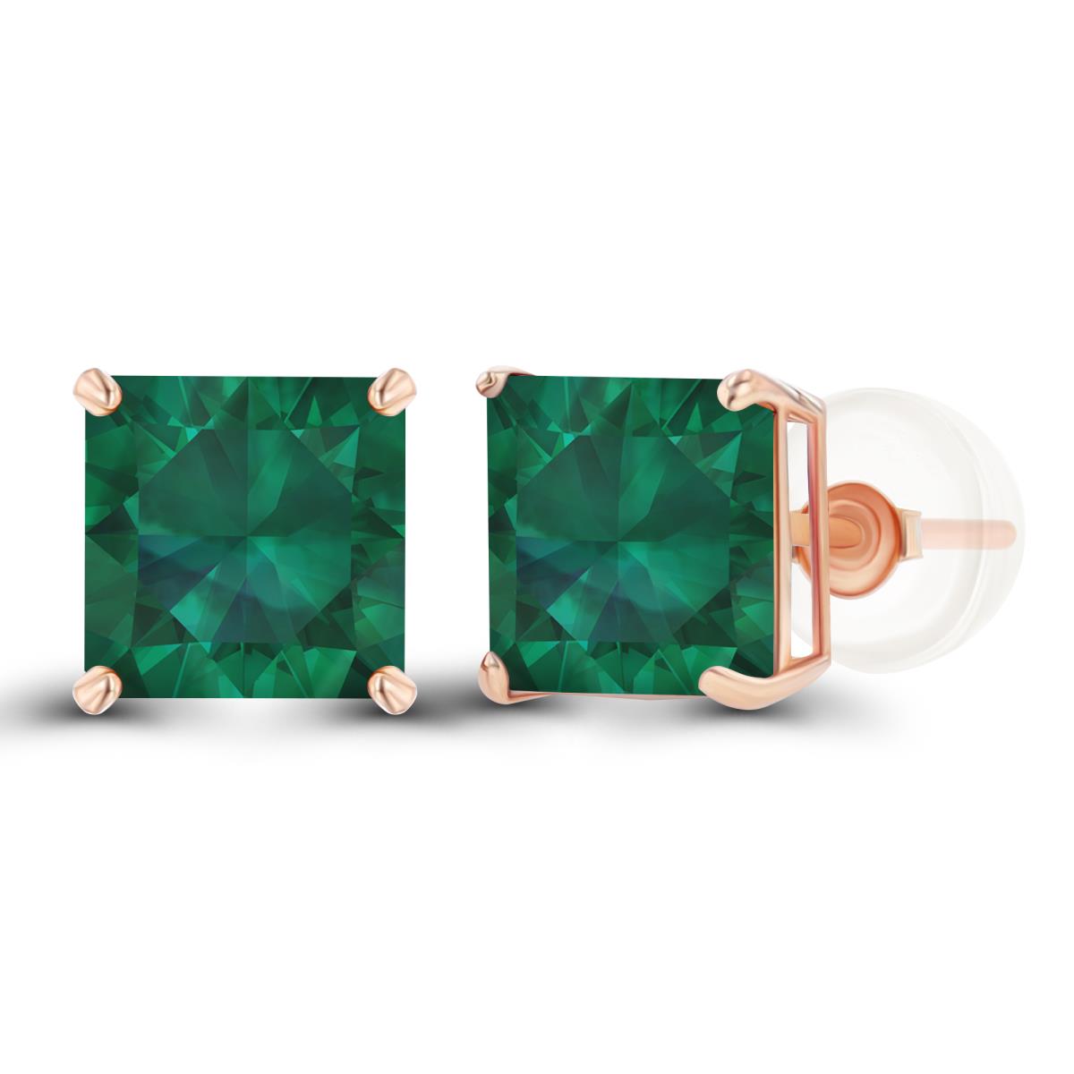14K Rose Gold 6mm Square Created Emerald Basket Stud Earring with Silicone Back