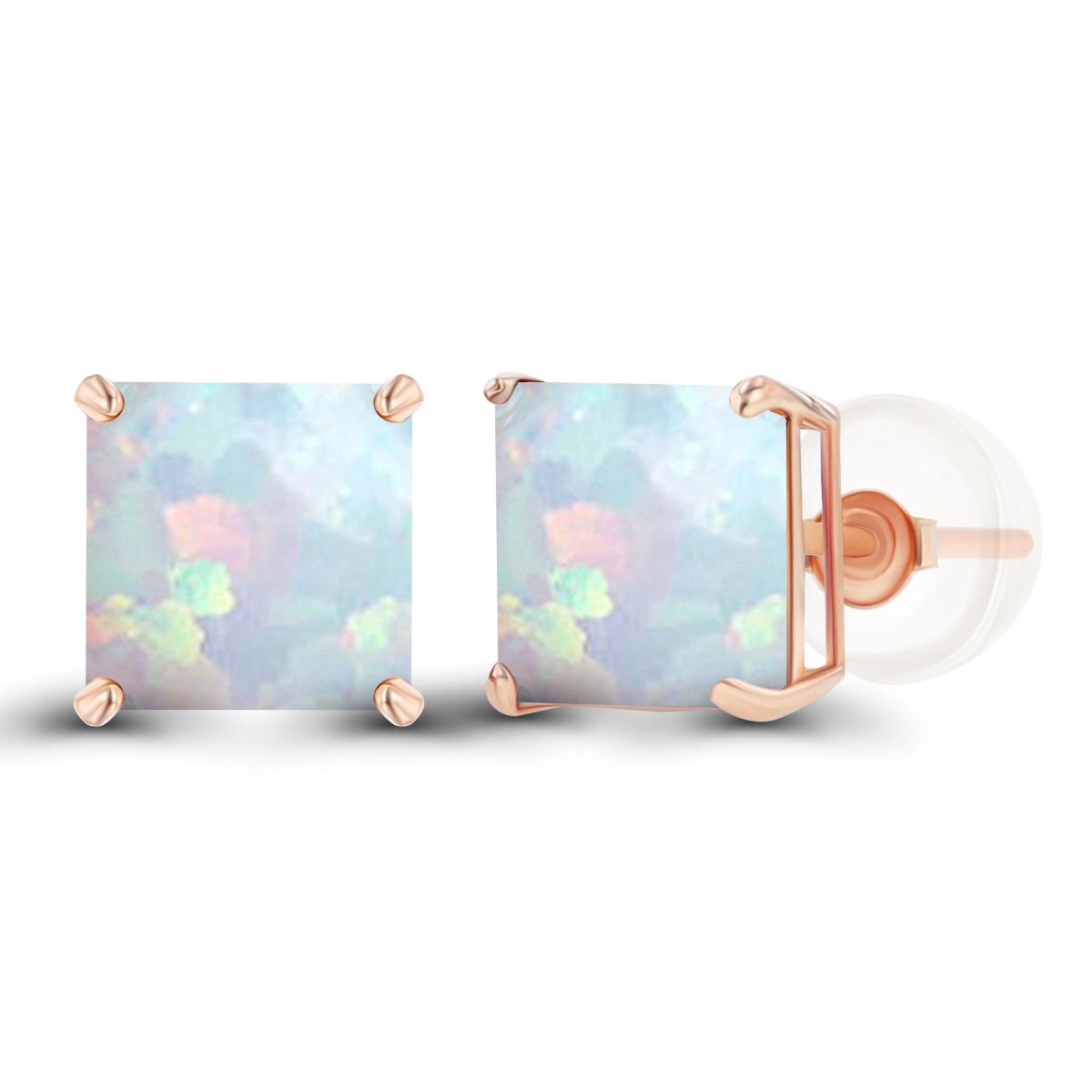 14K Rose Gold 6mm Square Created Opal Basket Stud Earring with Silicone Back
