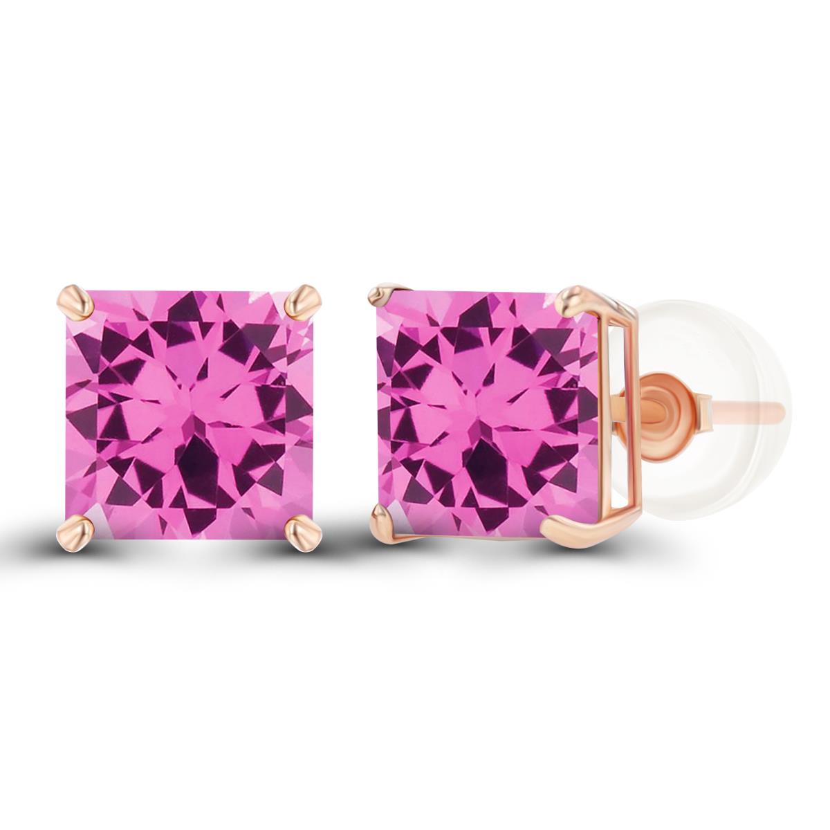 14K Rose Gold 6mm Square Created Pink Sapphire Basket Stud Earring with Silicone Back