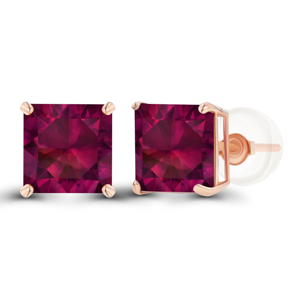 14K Rose Gold 6mm Square Created Ruby Basket Stud Earring with Silicone Back