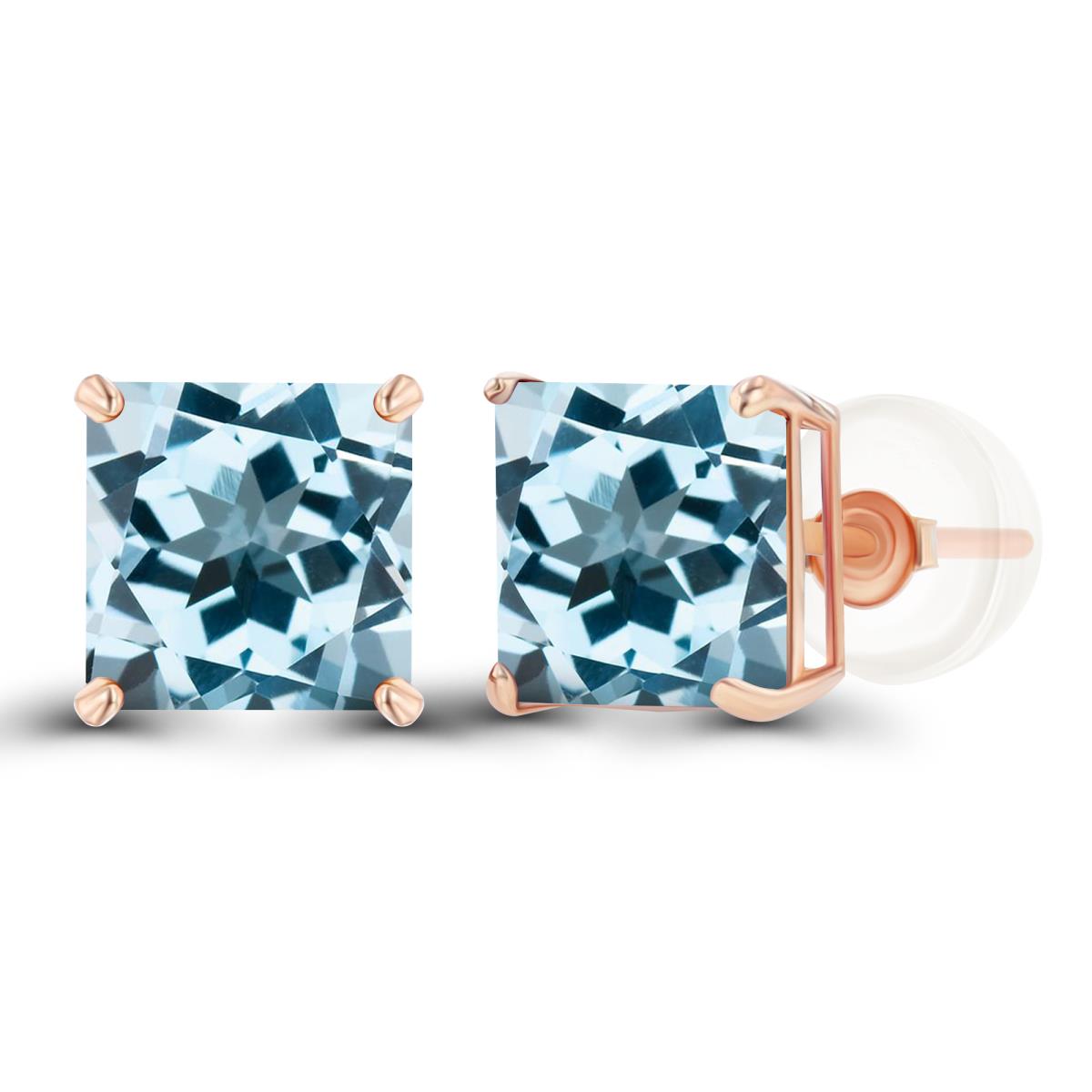 14K Rose Gold 6mm Square Sky Blue Topaz Basket Stud Earring with Silicone Back