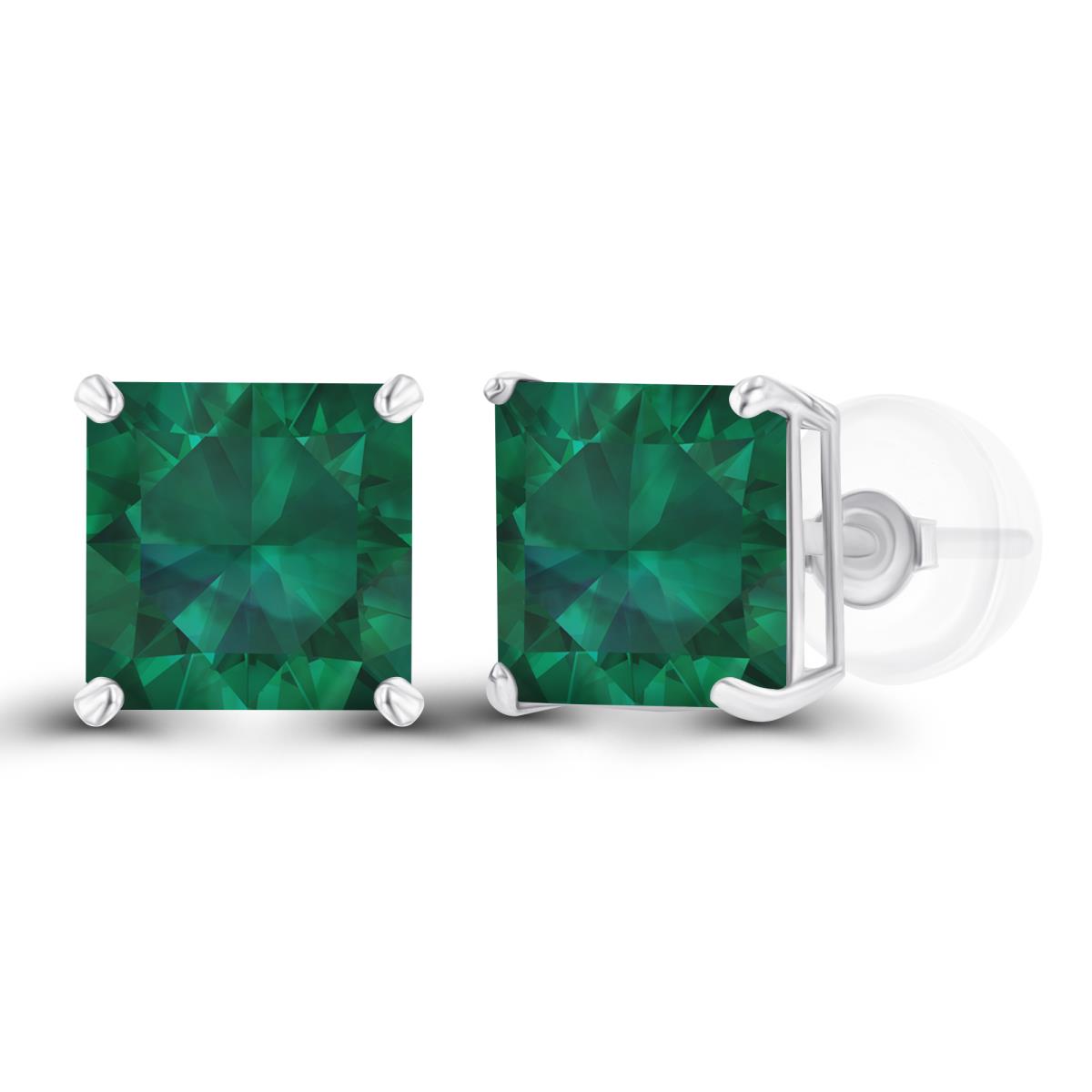 Sterling Silver Rhodium 6mm Square Created Emerald Basket Stud Earring with Silicone Back