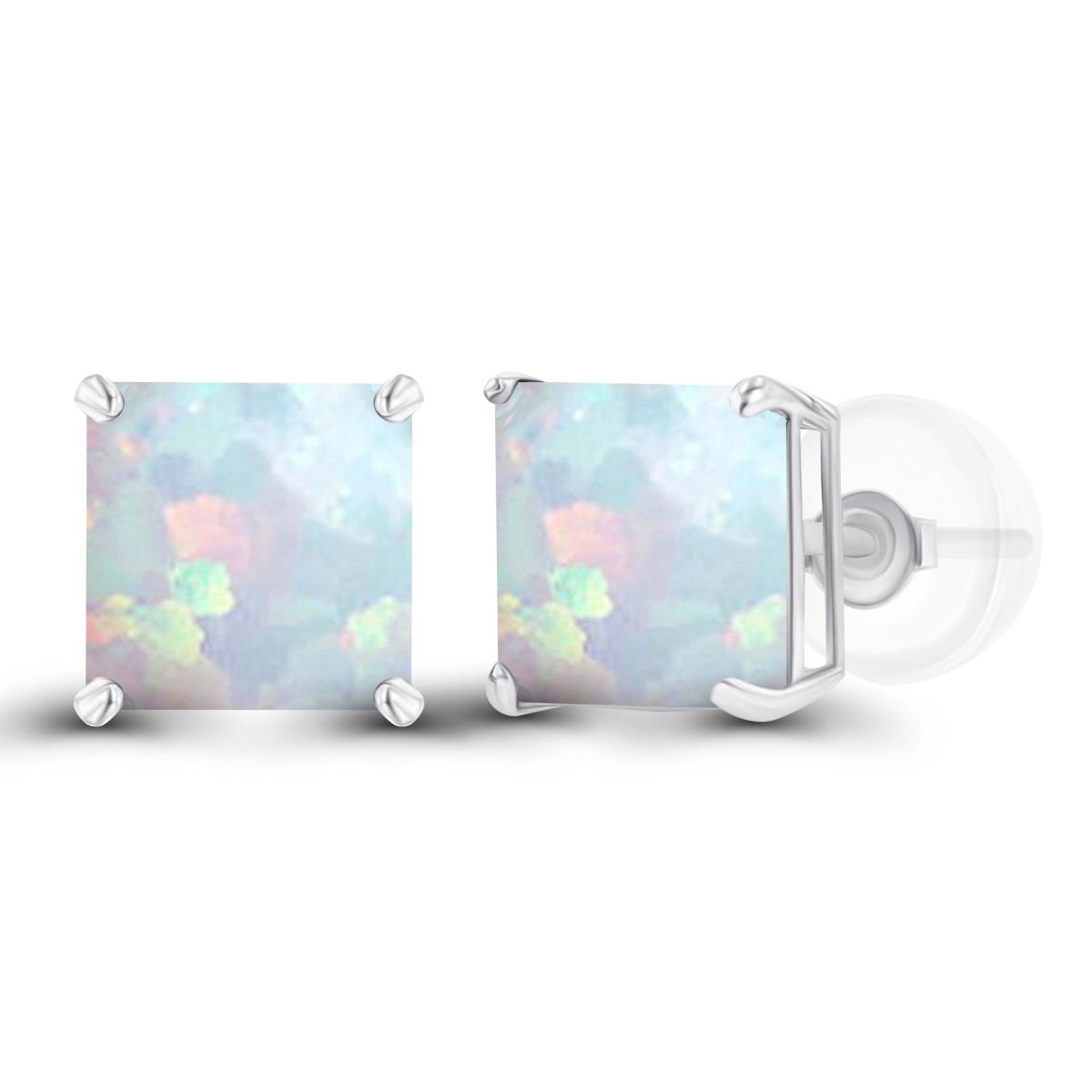 Sterling Silver Rhodium 6mm Square Created Opal Basket Stud Earring with Silicone Back