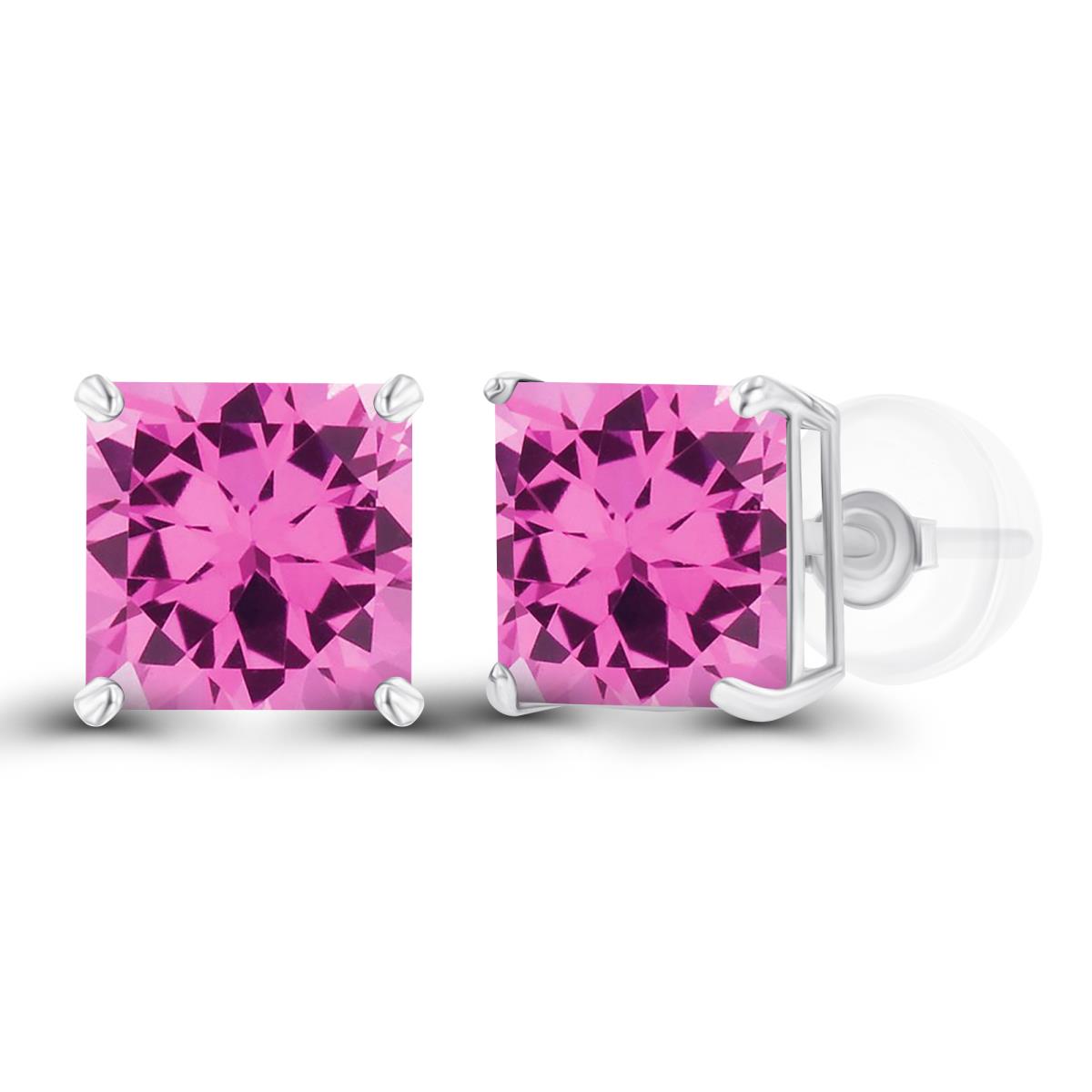 Sterling Silver Rhodium 6mm Square Created Pink Sapphire Basket Stud Earring with Silicone Back