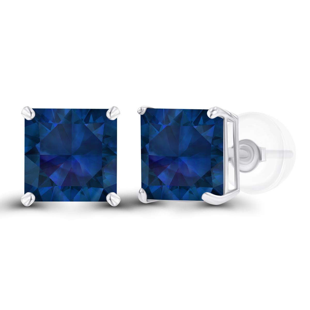 Sterling Silver Rhodium 6mm Square Created Blue Sapphire Basket Stud Earring with Silicone Back