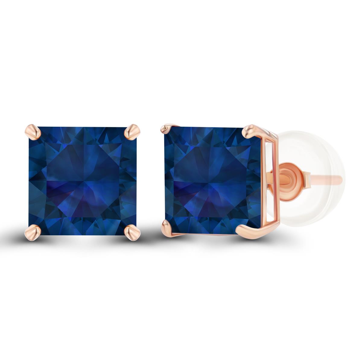 Sterling Silver Rose 6mm Square Created Blue Sapphire Basket Stud Earring with Silicone Back