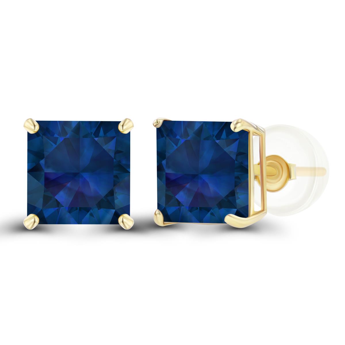 Sterling Silver Yellow 6mm Square Created Blue Sapphire Basket Stud Earring with Silicone Back